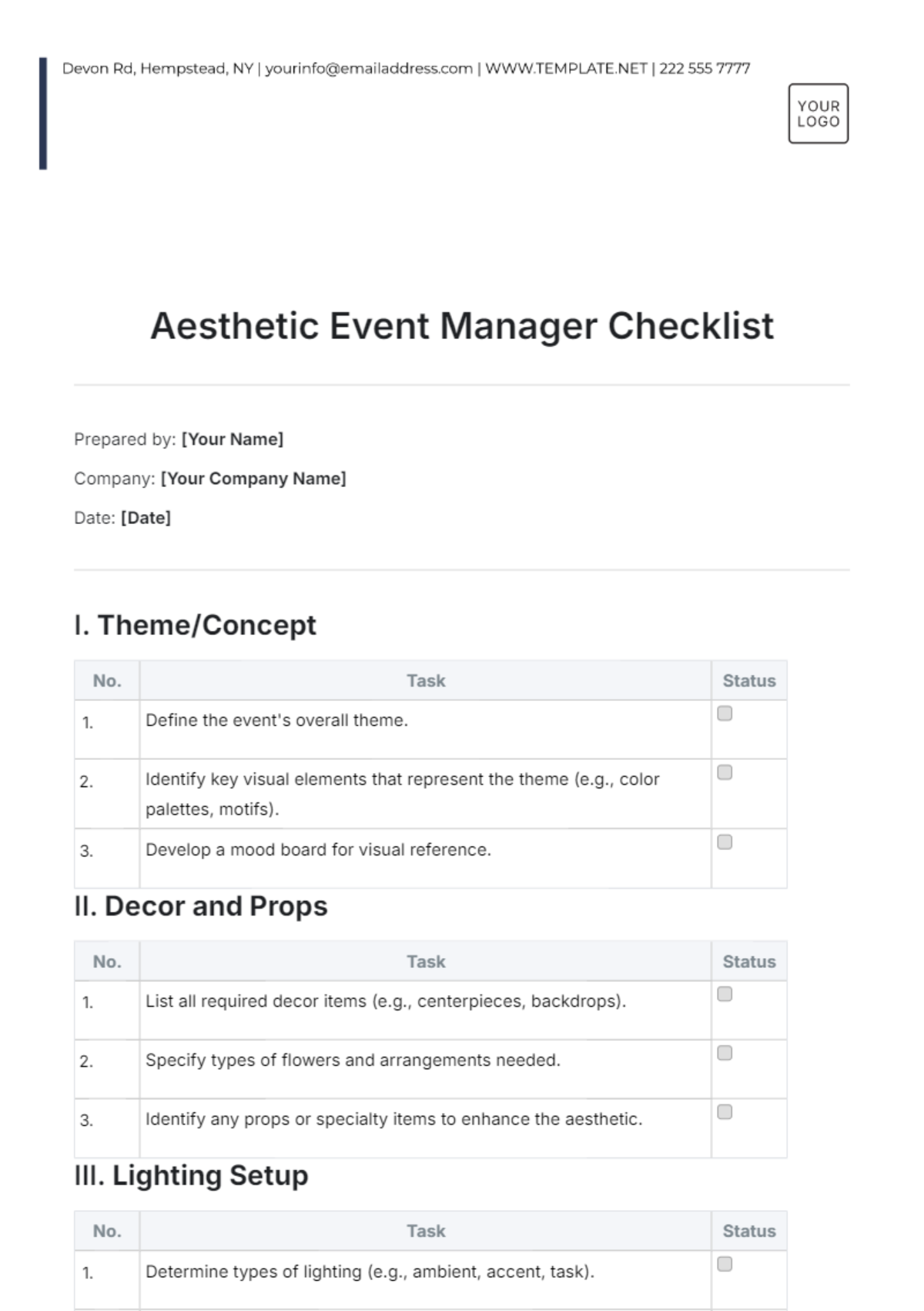 Aesthetic Event Manager Checklist Template - Edit Online & Download