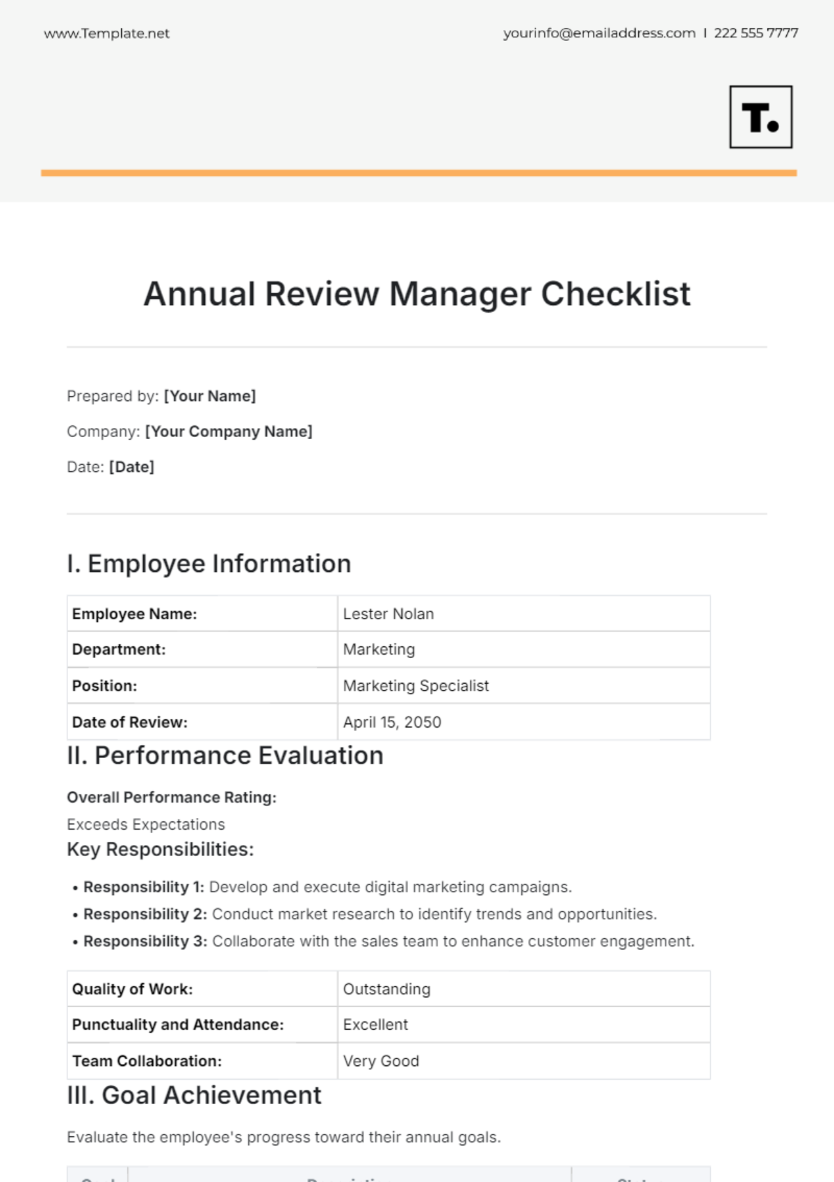 Annual Review Manager Checklist Template - Edit Online & Download