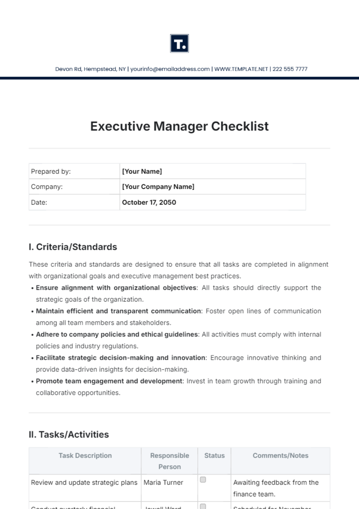 Executive Manager Checklist Template - Edit Online & Download