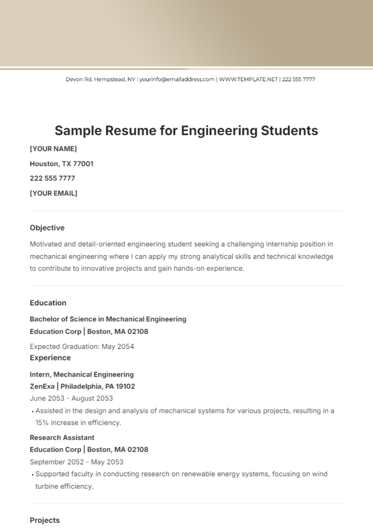 Sample Resume for Engineering Students Template - Edit Online & Download