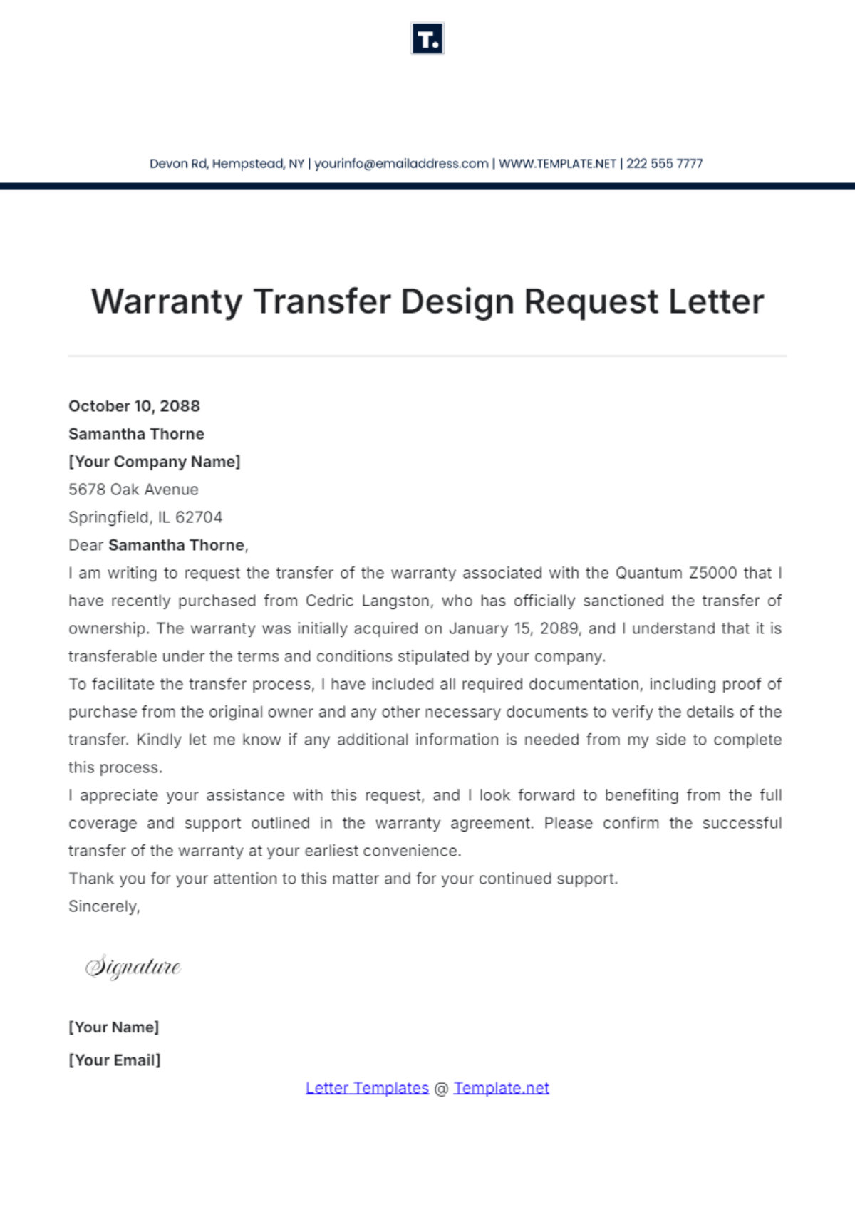 Warranty Transfer Design Request Letter Template - Edit Online & Download