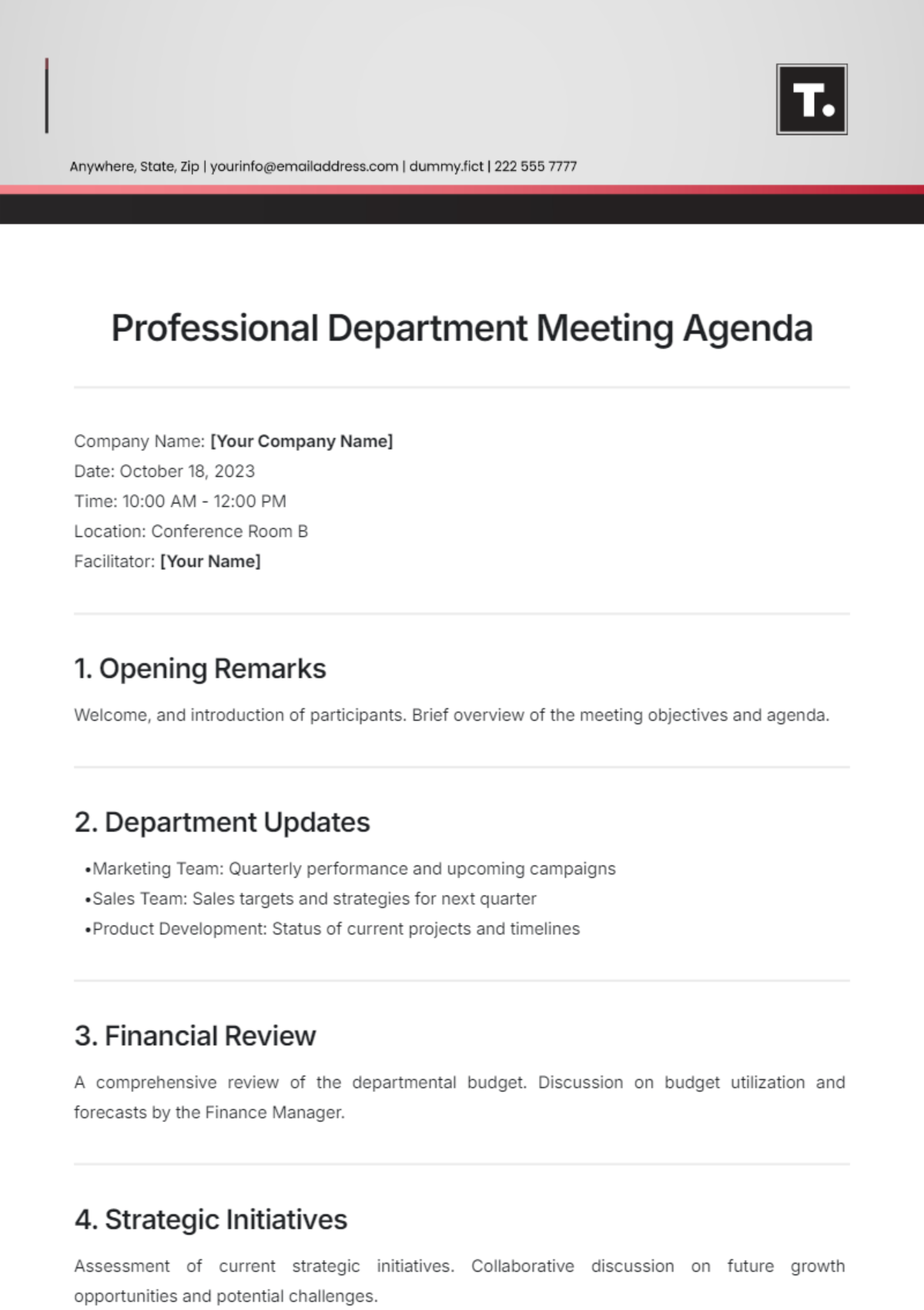 Professional Department Meeting Agenda Template