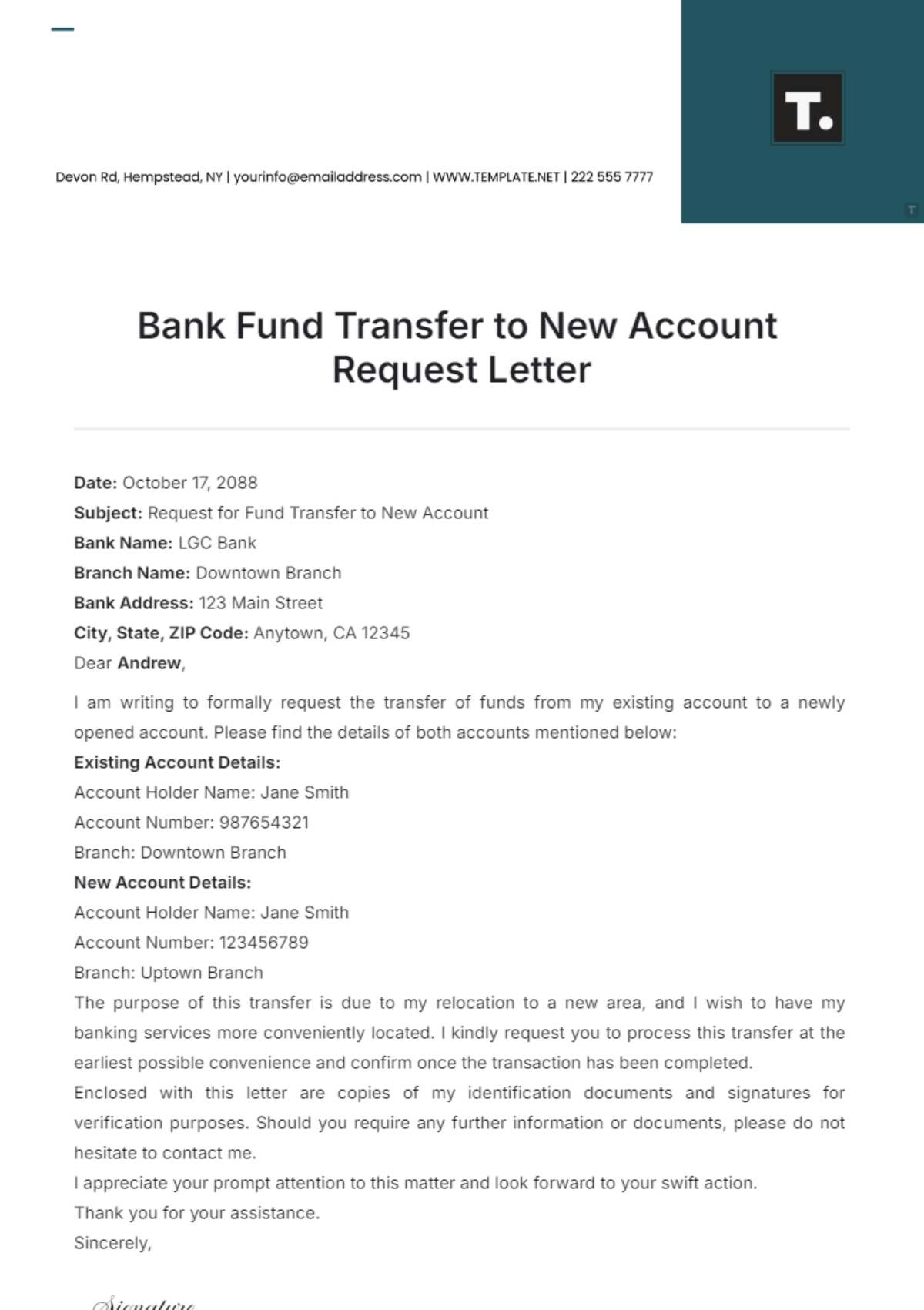 Bank Fund Transfer to New Account Request Letter Template - Edit Online & Download