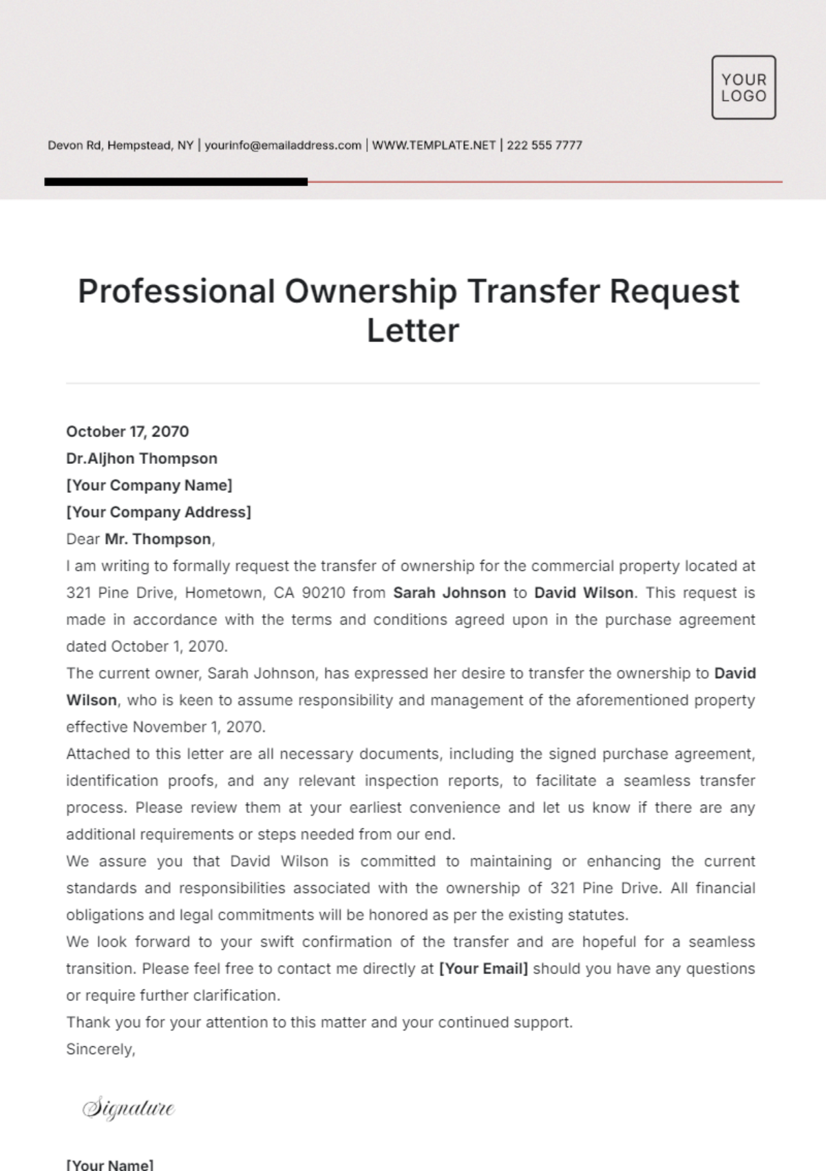 Professional Ownership Transfer Request Letter Template - Edit Online & Download