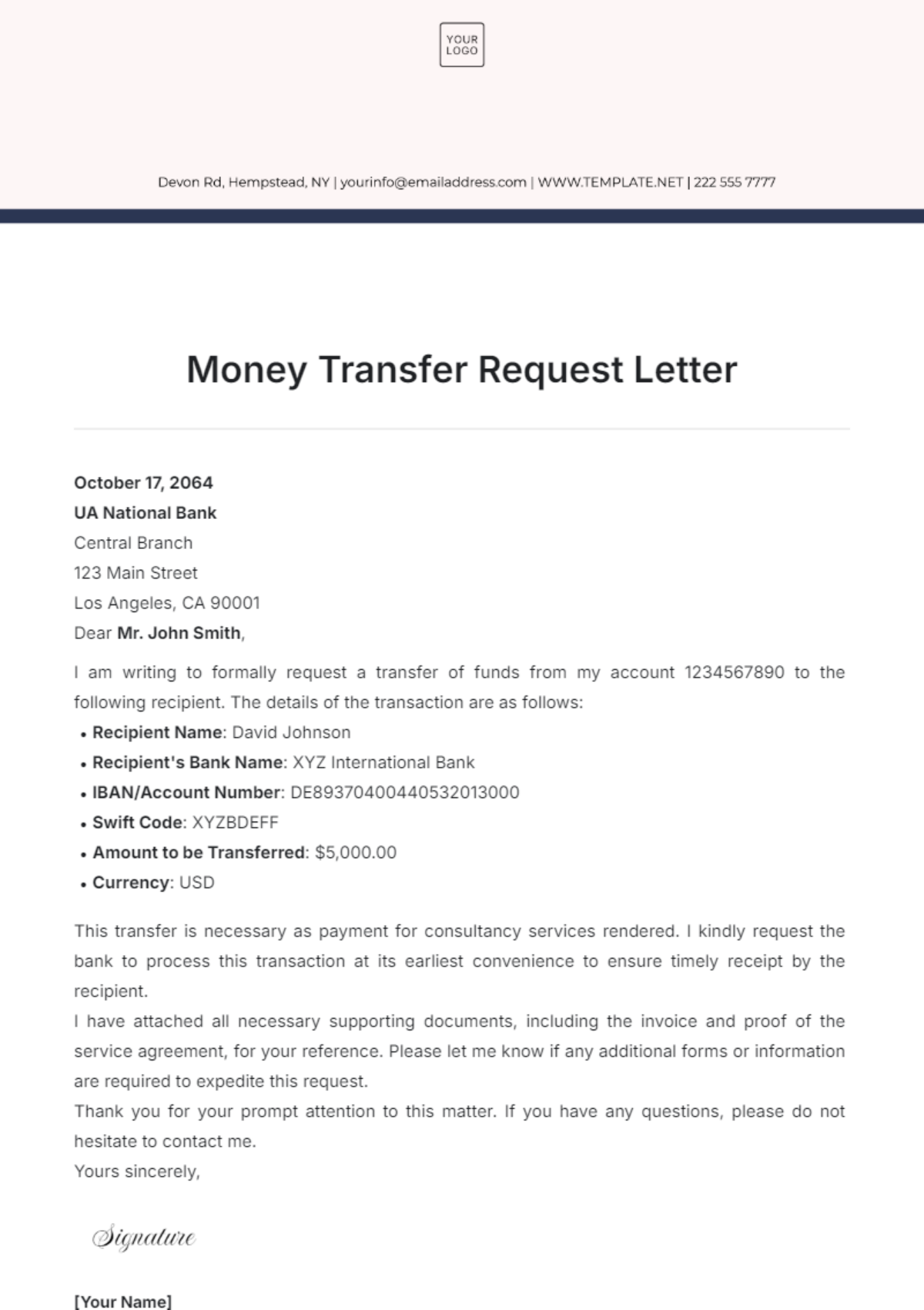 Money Transfer Request Letter Template - Edit Online & Download