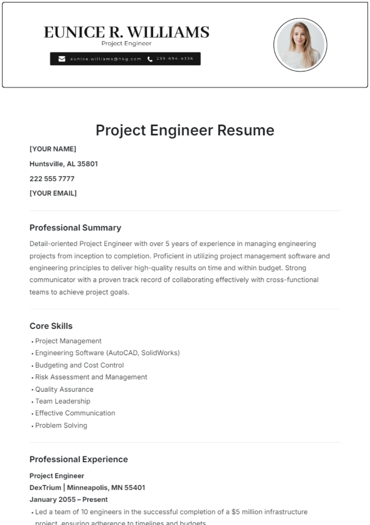 Project Engineer Resume Template - Edit Online & Download