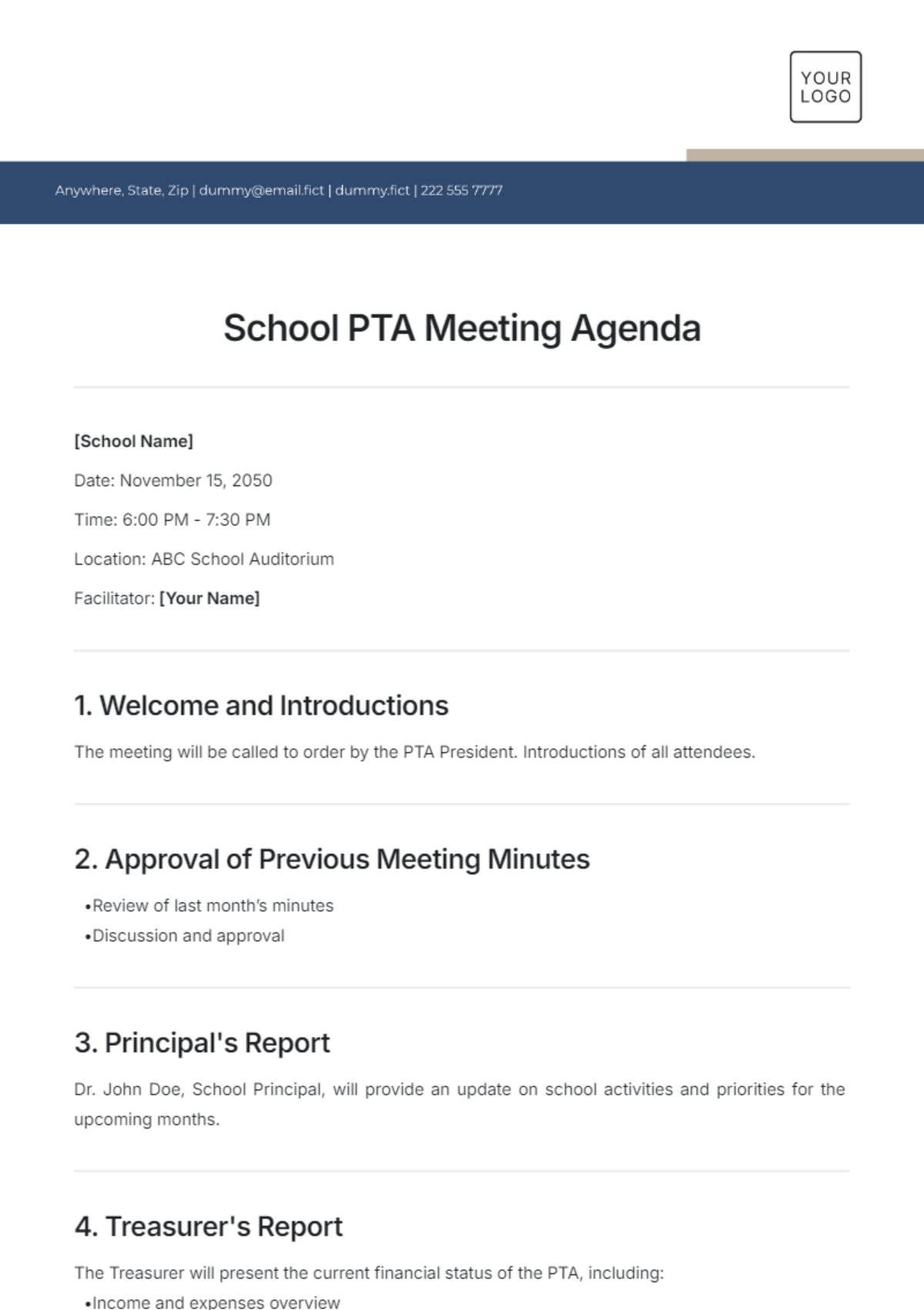 Free PTA Meeting Agenda Template to Edit Online