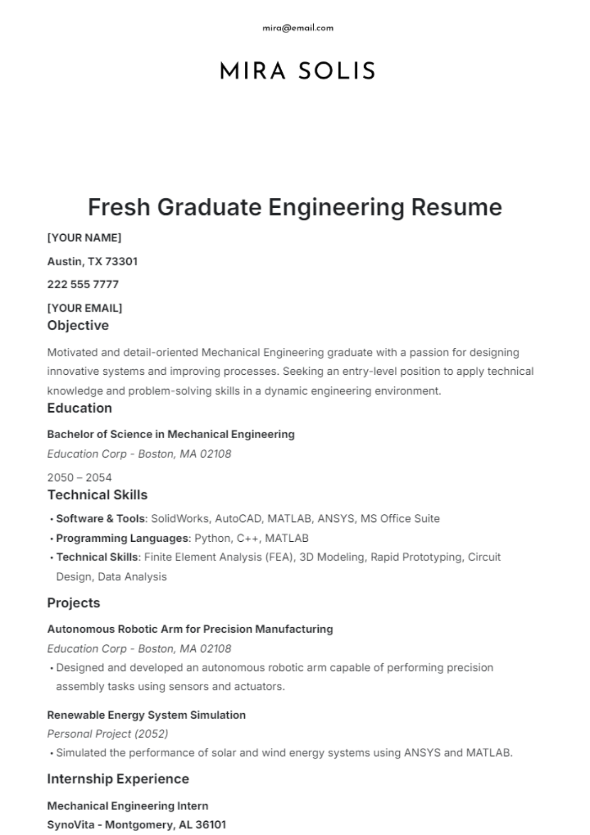 Fresh Graduate Engineering Resume Template - Edit Online & Download