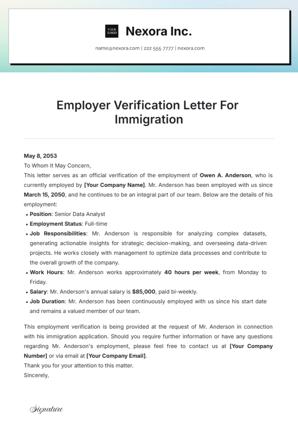 Employer Verification Letter For Immigration Template - Edit Online & Download