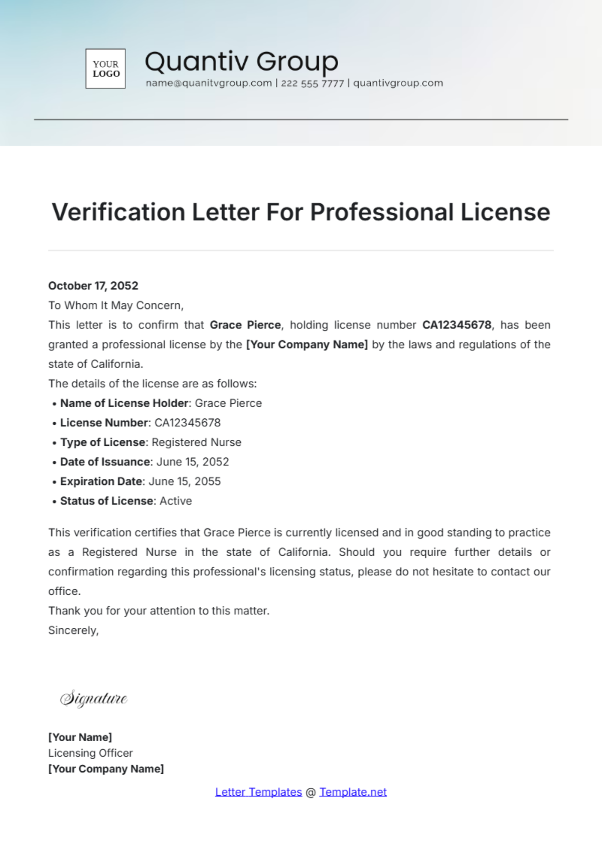 Verification Letter For Professional License Template - Edit Online & Download