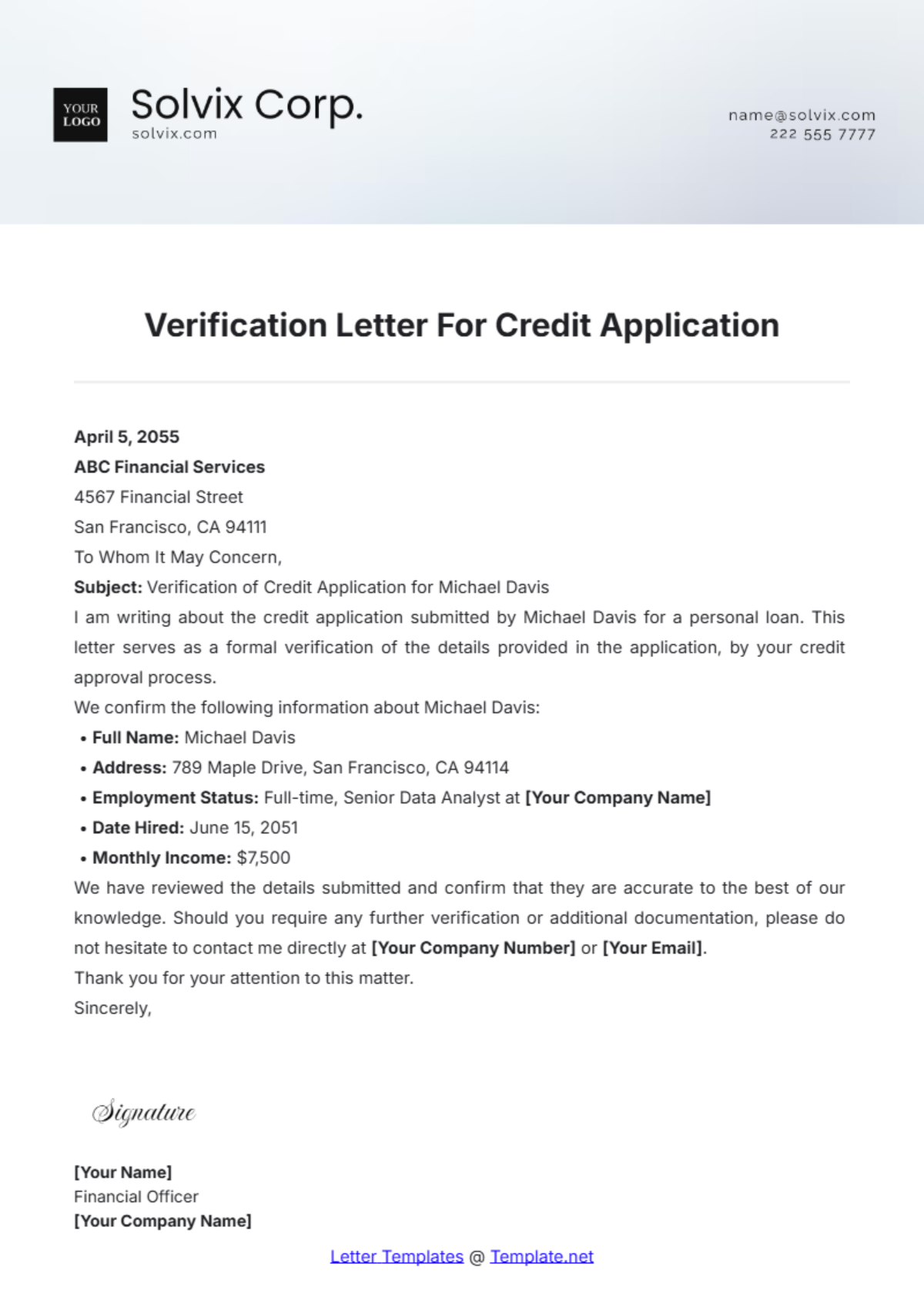 Verification Letter For Credit Application Template - Edit Online & Download