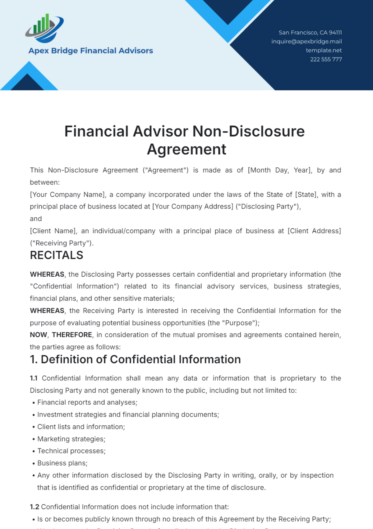 Financial Advisor Non-Disclosure Agreement Template - Edit Online & Download