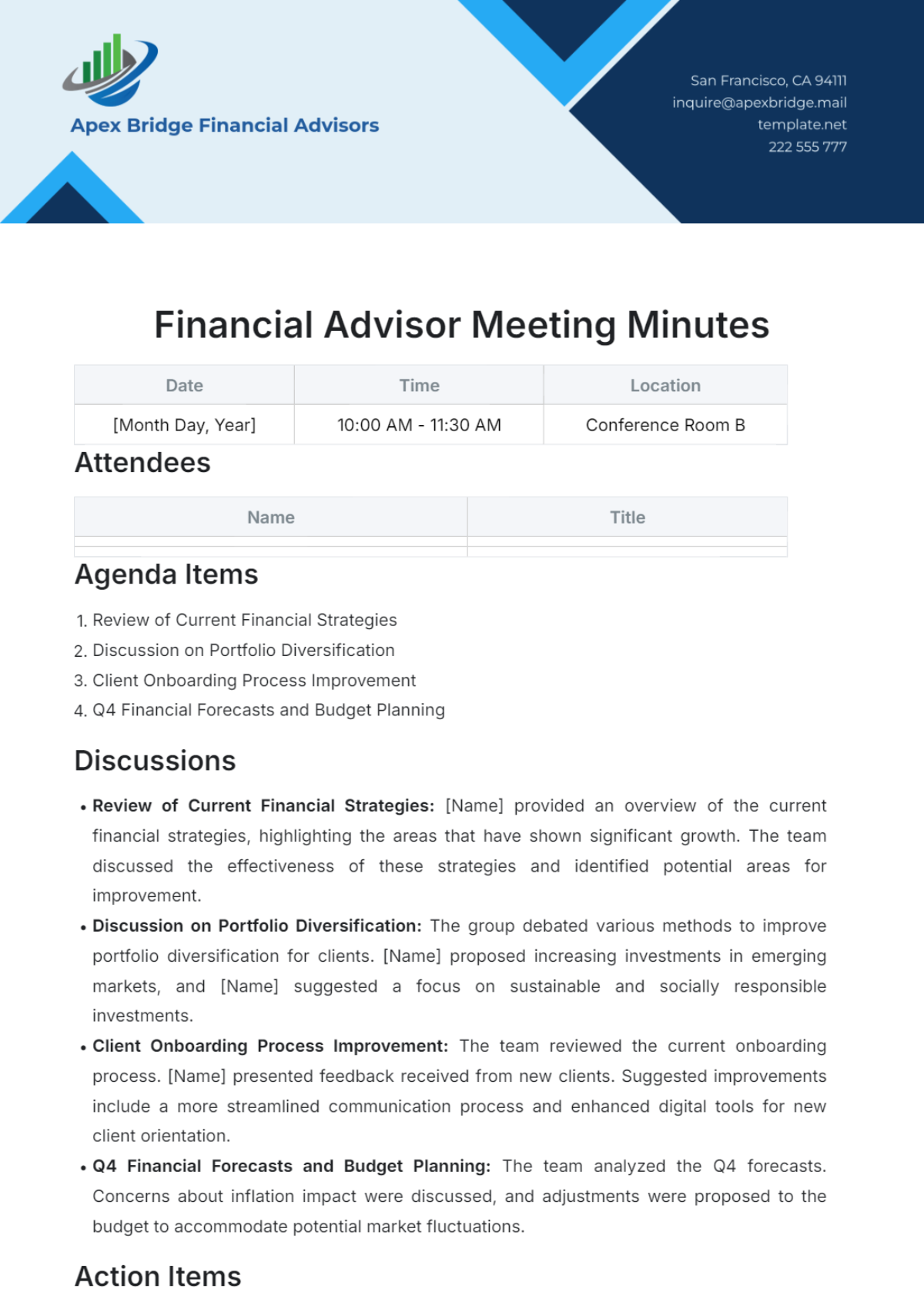 Financial Advisor Meeting Minutes Template - Edit Online & Download