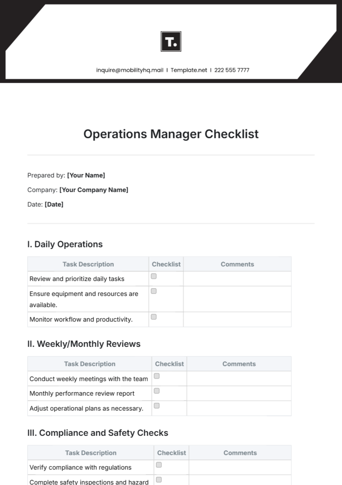 Operations Manager Checklist Template - Edit Online & Download