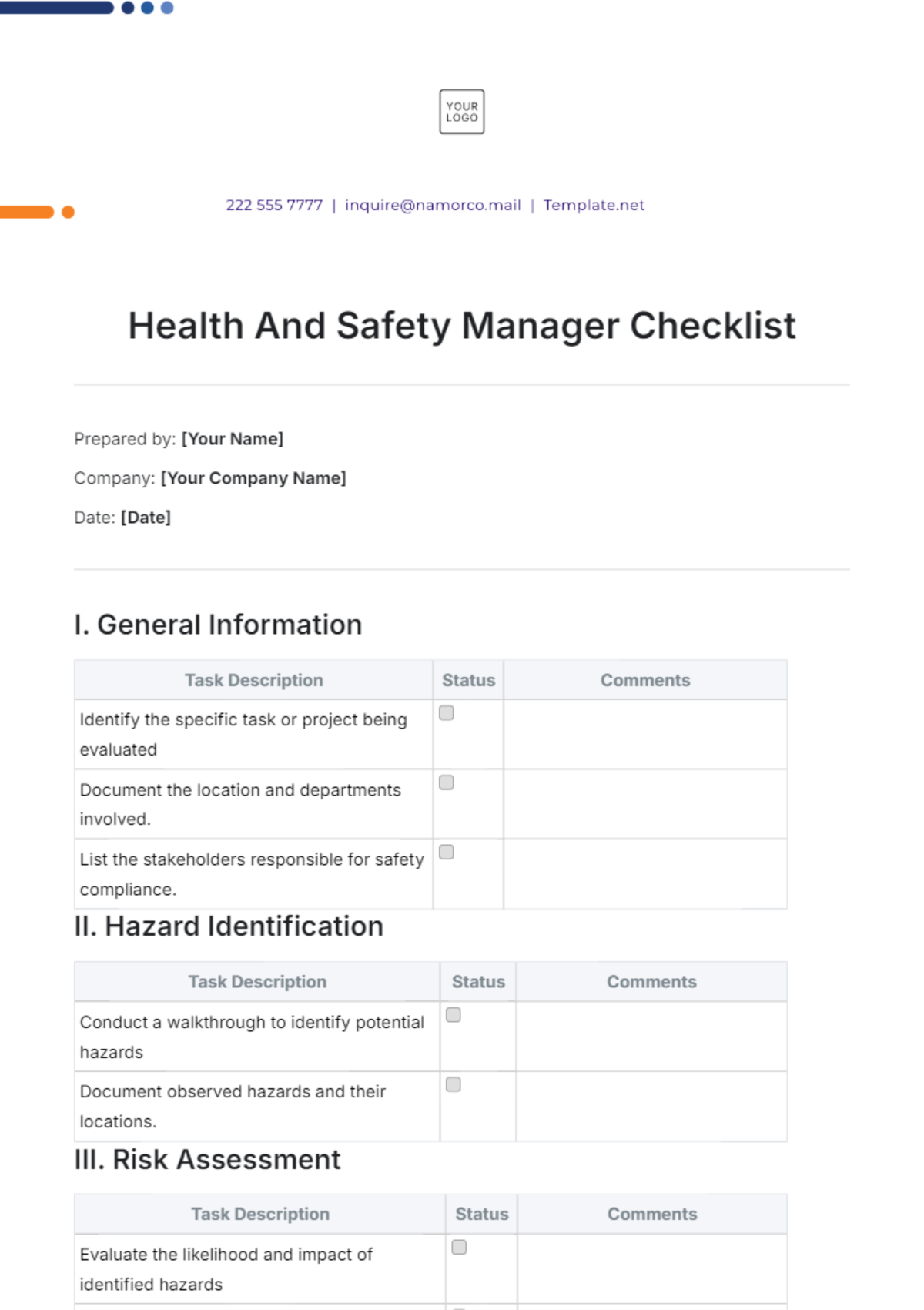 Health And Safety Manager Checklist Template - Edit Online & Download