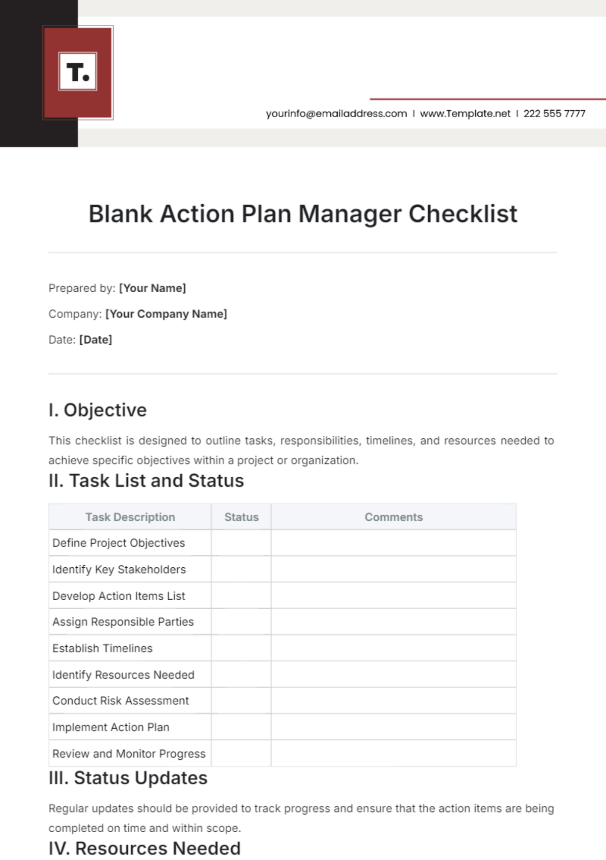 Blank Action Plan Manager Checklist Template - Edit Online & Download