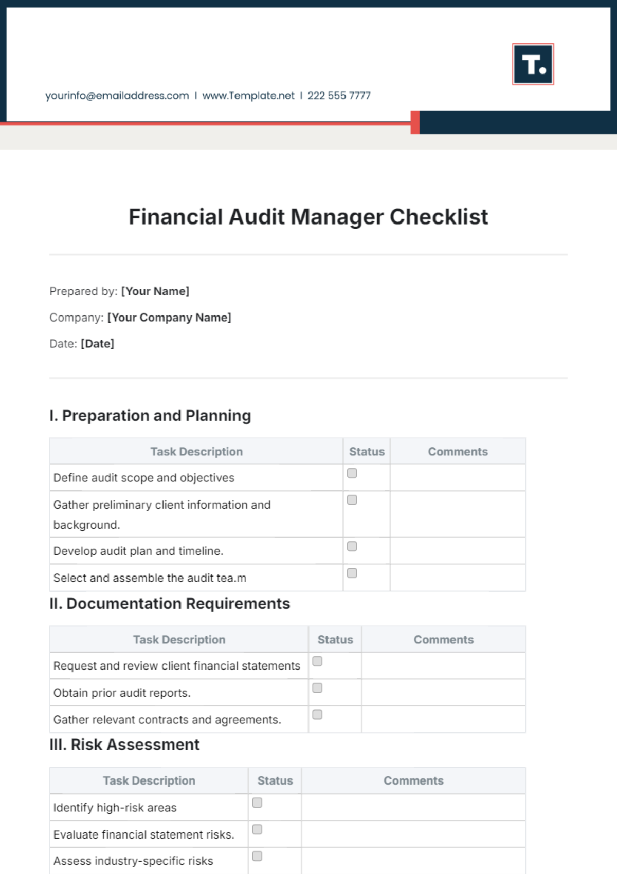 Financial Audit Manager Checklist Template - Edit Online & Download