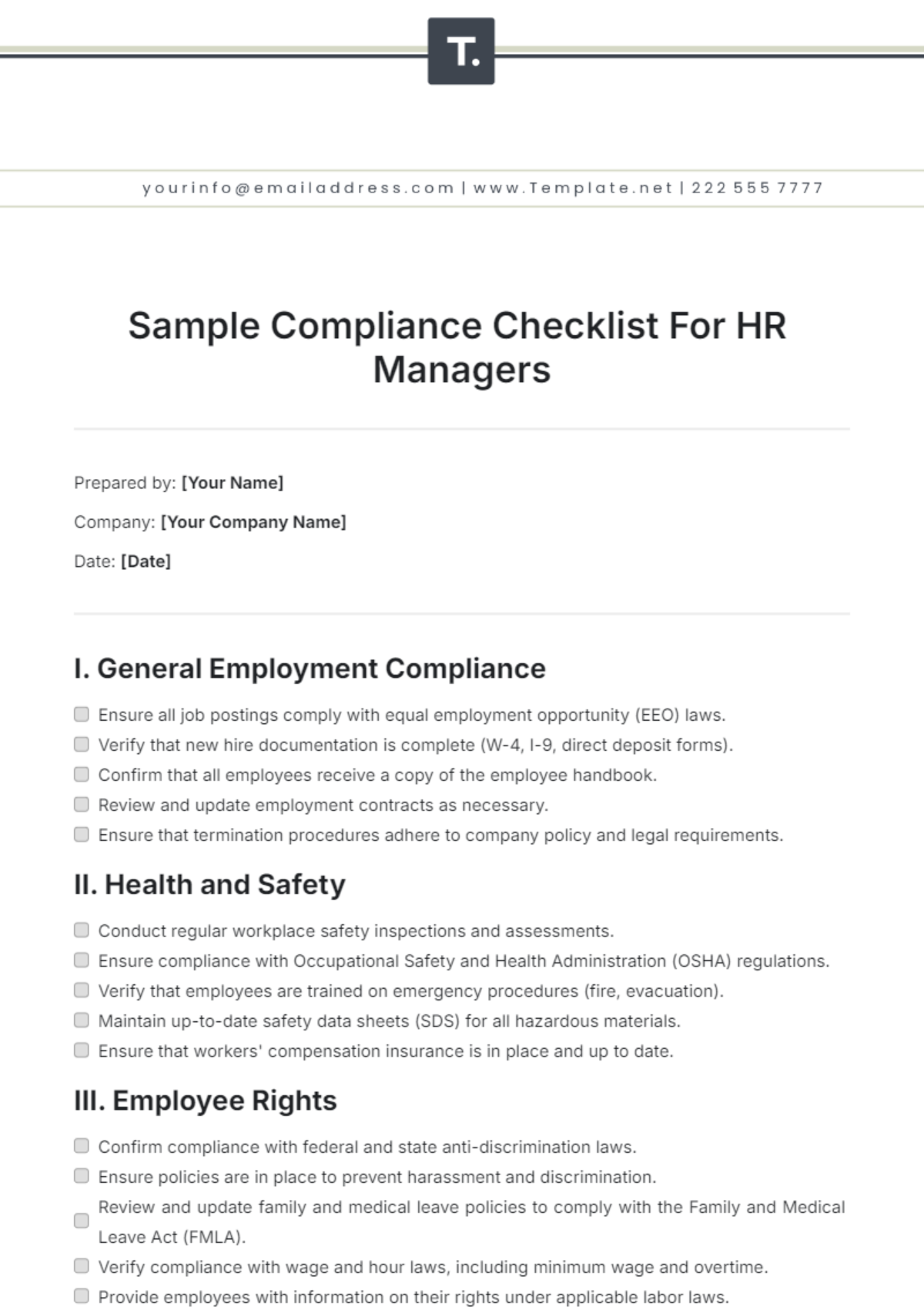 Sample Compliance Checklist For HR Managers Template - Edit Online & Download