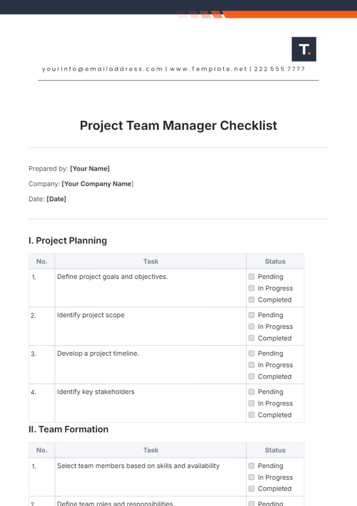 Project Team Manager Checklist Template - Edit Online & Download