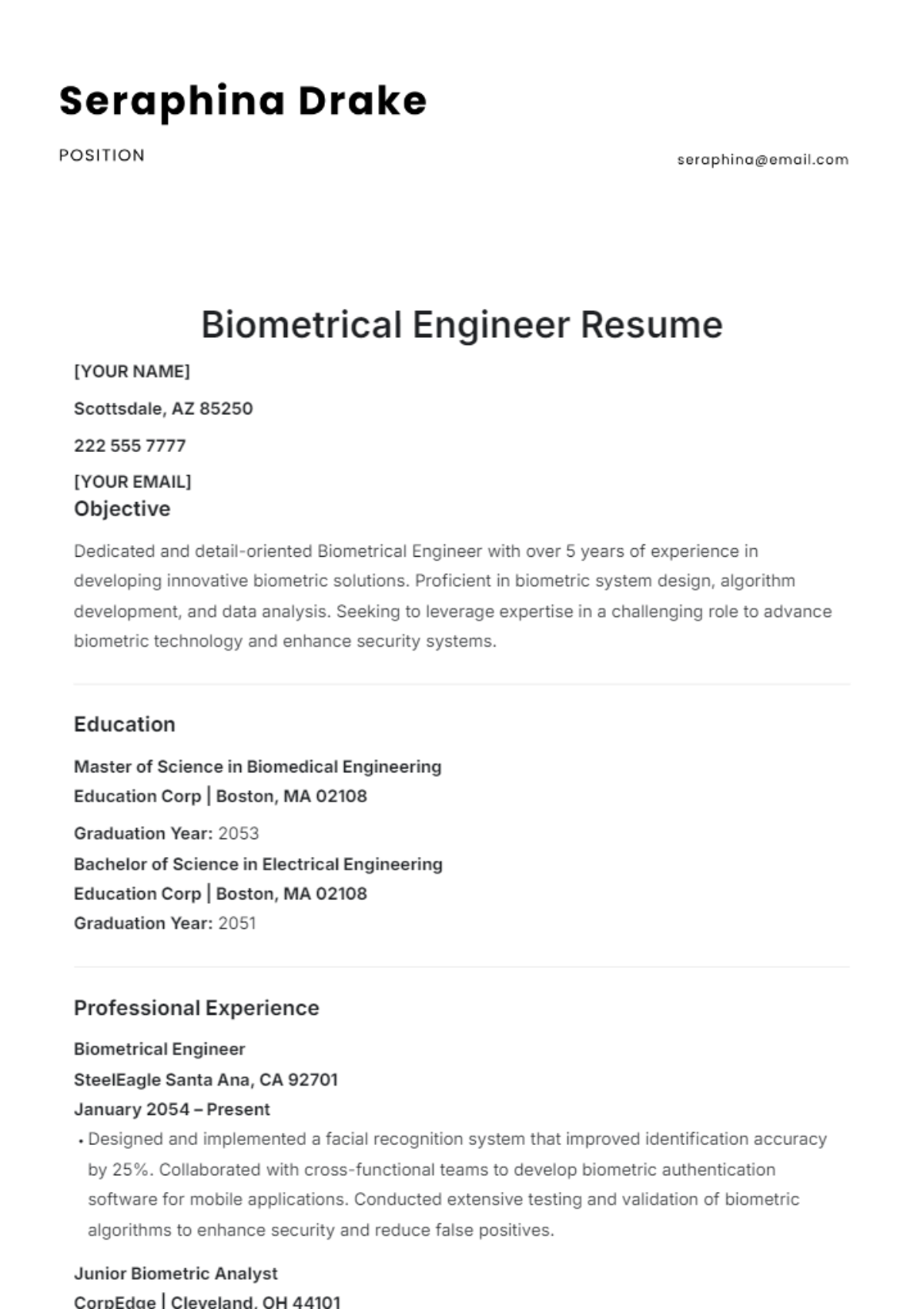 Biomedical Engineer Resume Template - Edit Online & Download