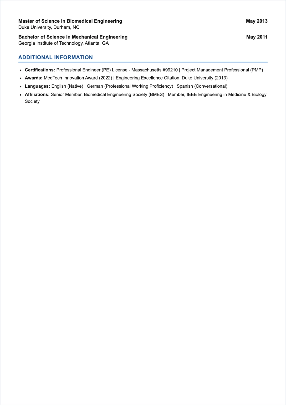 Free Biomedical Engineer ATS Resume Template, AI Resume Builder