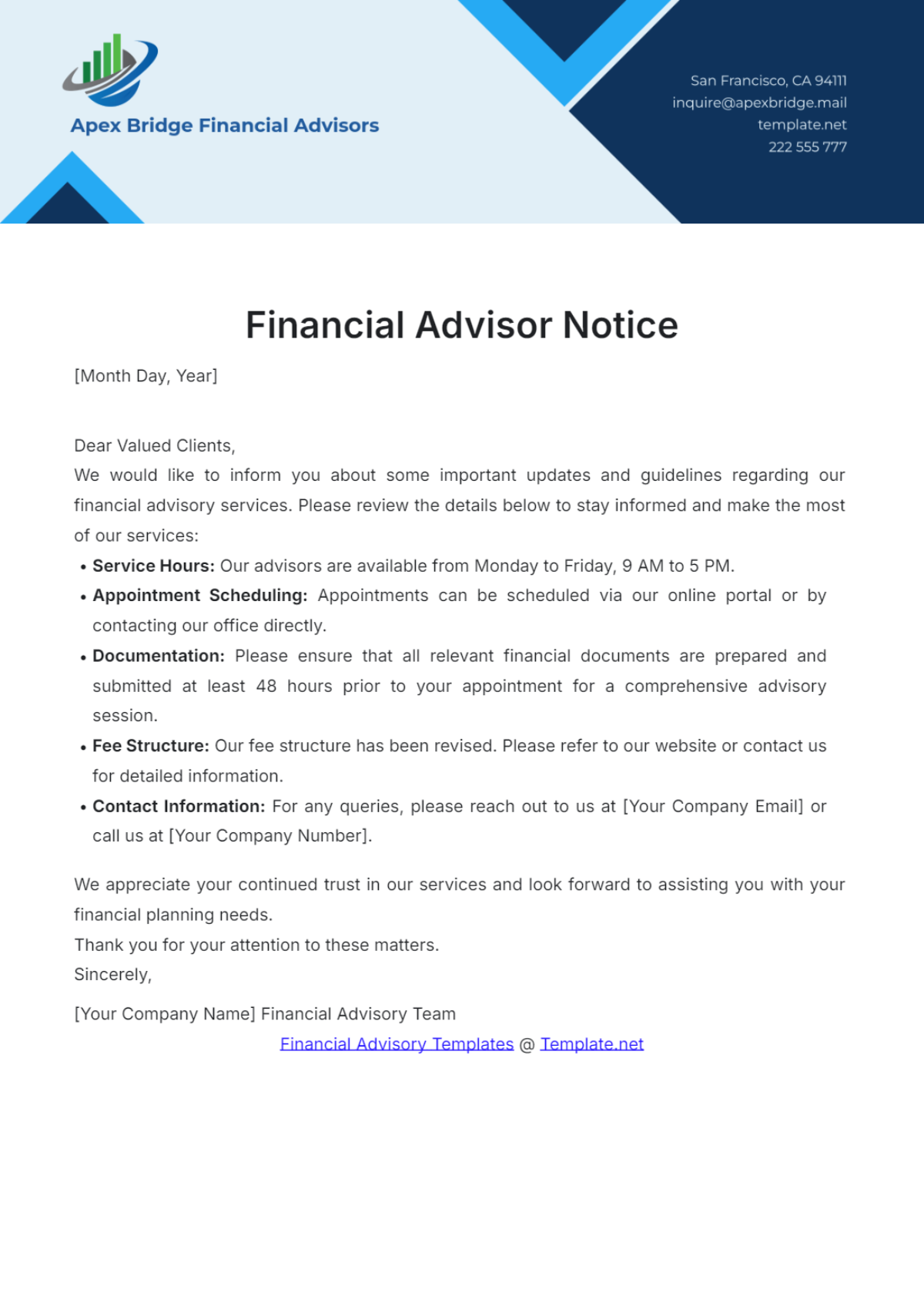 Financial Advisor Notice Template - Edit Online & Download