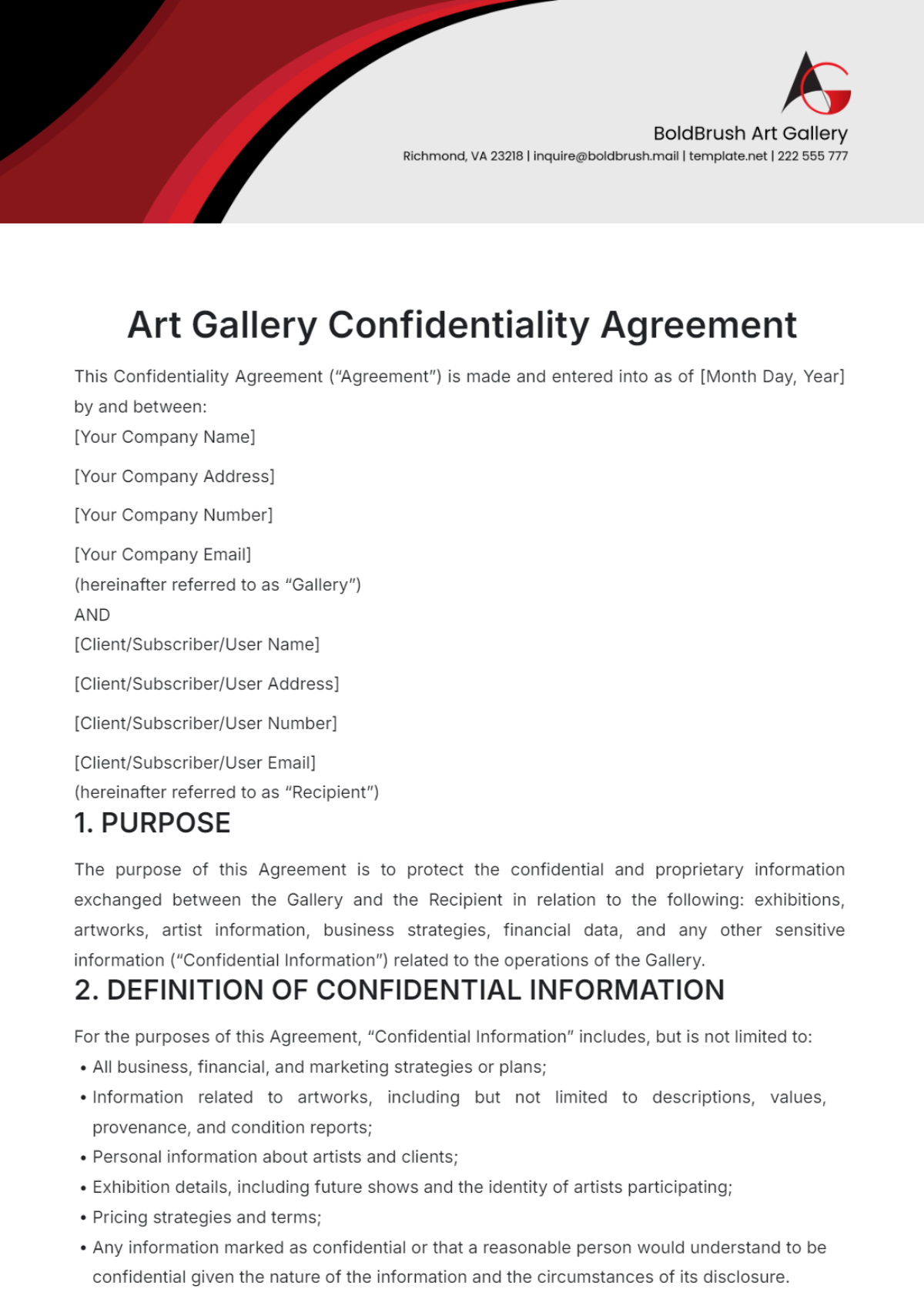 Art Gallery Confidentiality Agreement Template