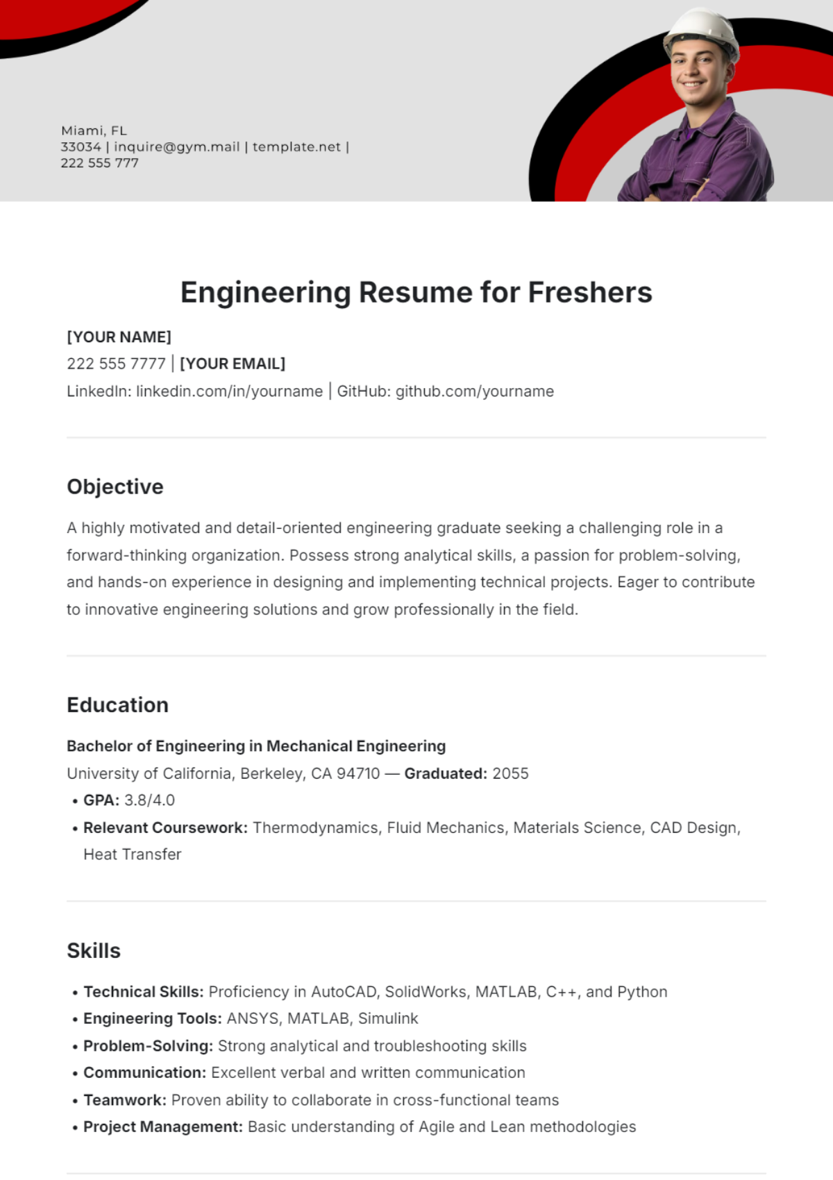 Engineering Resume for Freshers Template - Edit Online & Download