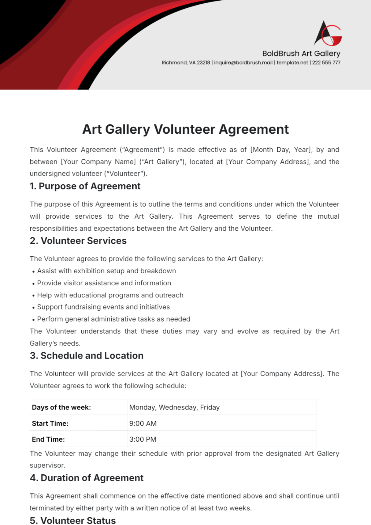 Art Gallery Volunteer Agreement Template