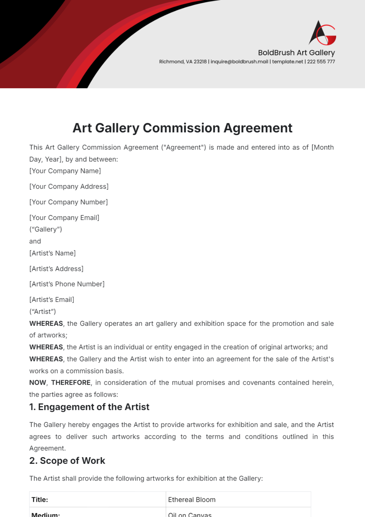 Art Gallery Commission Agreement Template - Edit Online & Download