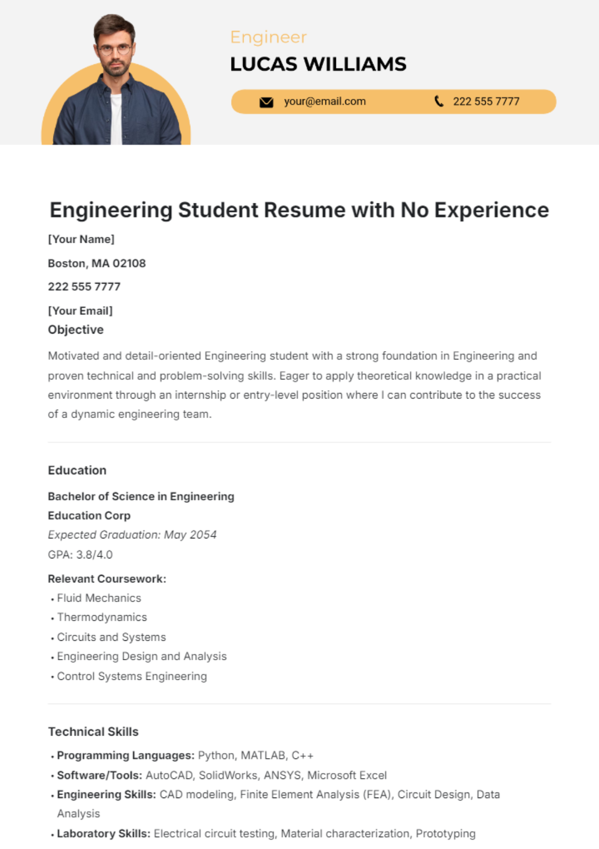 Engineering Student Resume with No Experience Template - Edit Online & Download