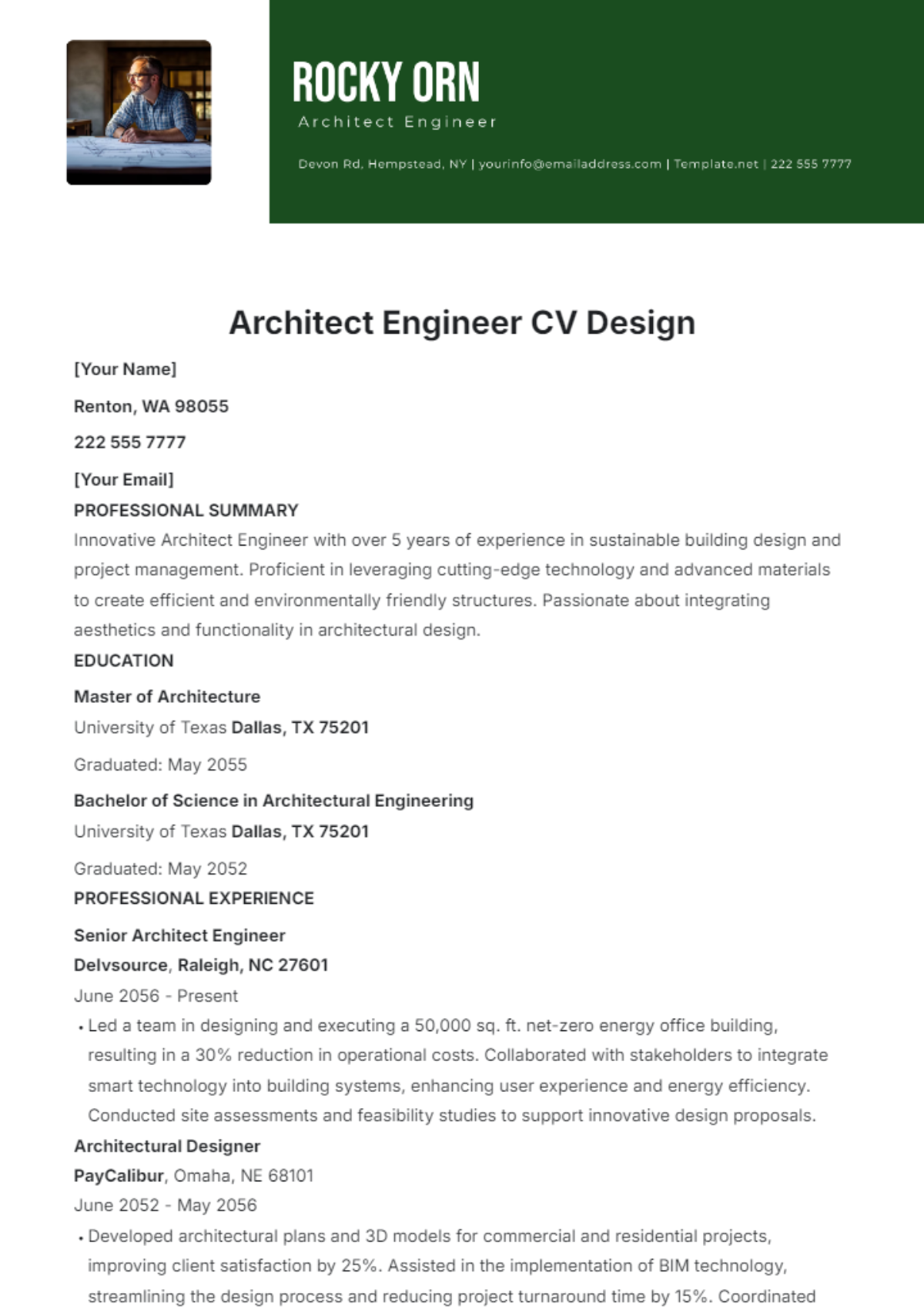 Architect Engineer CV Design Template - Edit Online & Download