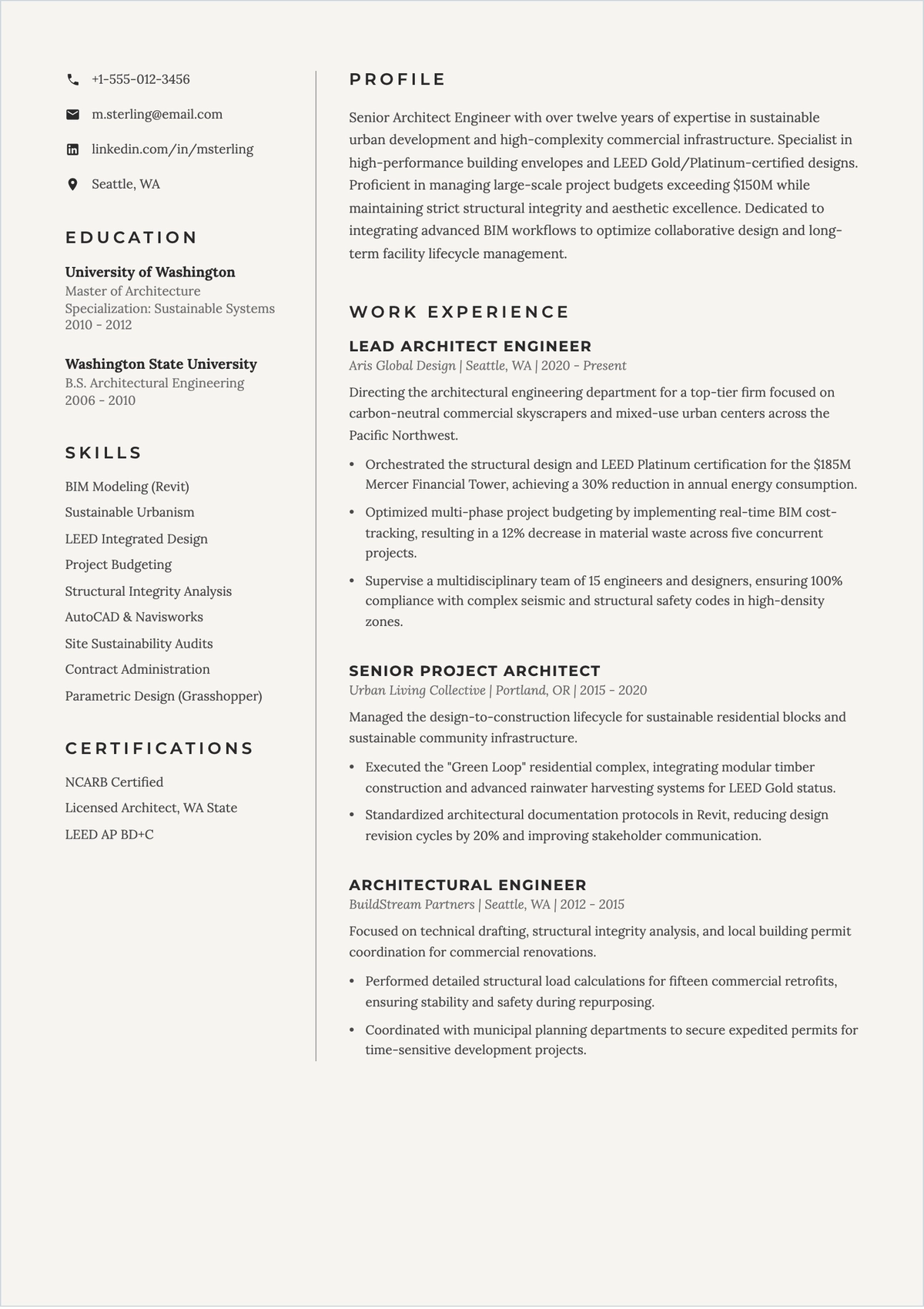 Free Architect Engineer ATS CV Template, AI CV Builder