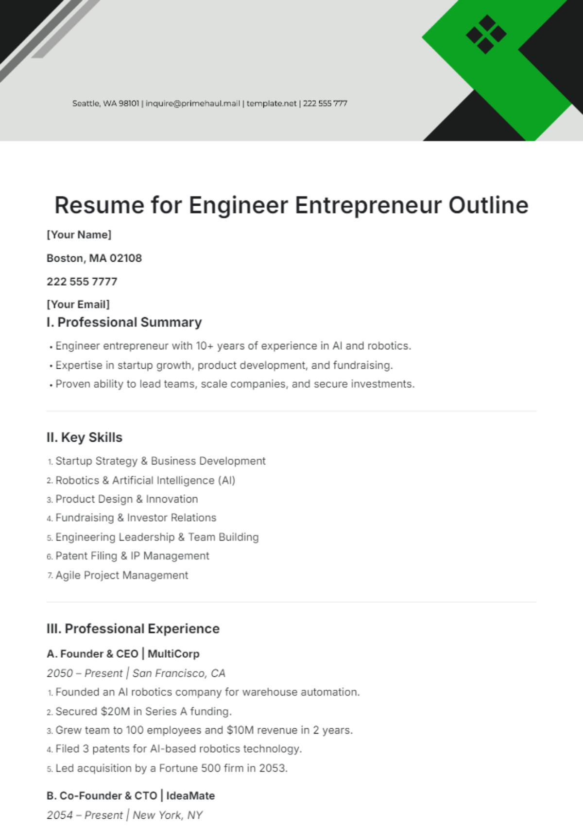 Resume for Engineer Entrepreneur Outline Template - Edit Online & Download