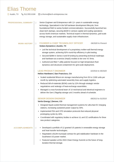 Free Engineer Entrepreneur ATS Resume Template, AI Resume Builder