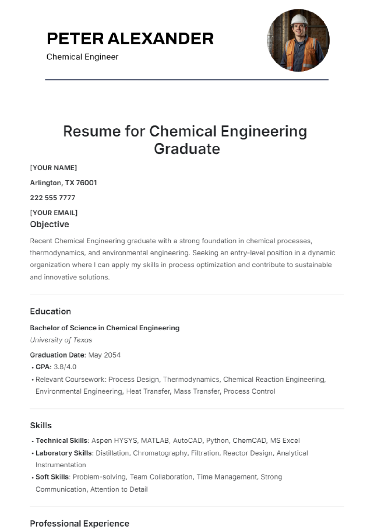 Resume for Chemical Engineering Graduate Template - Edit Online & Download