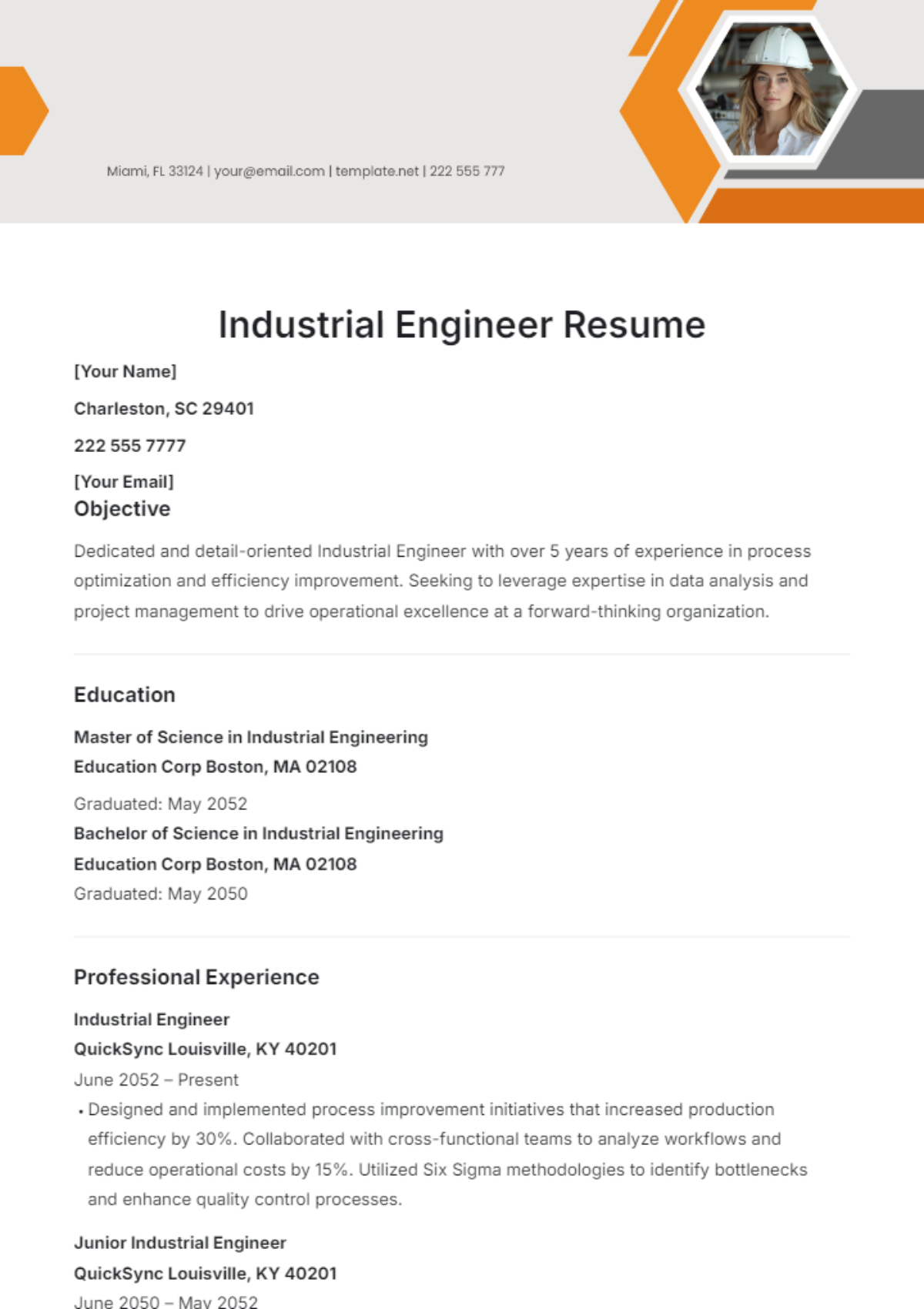 Industrial Engineer Resume Template - Edit Online & Download