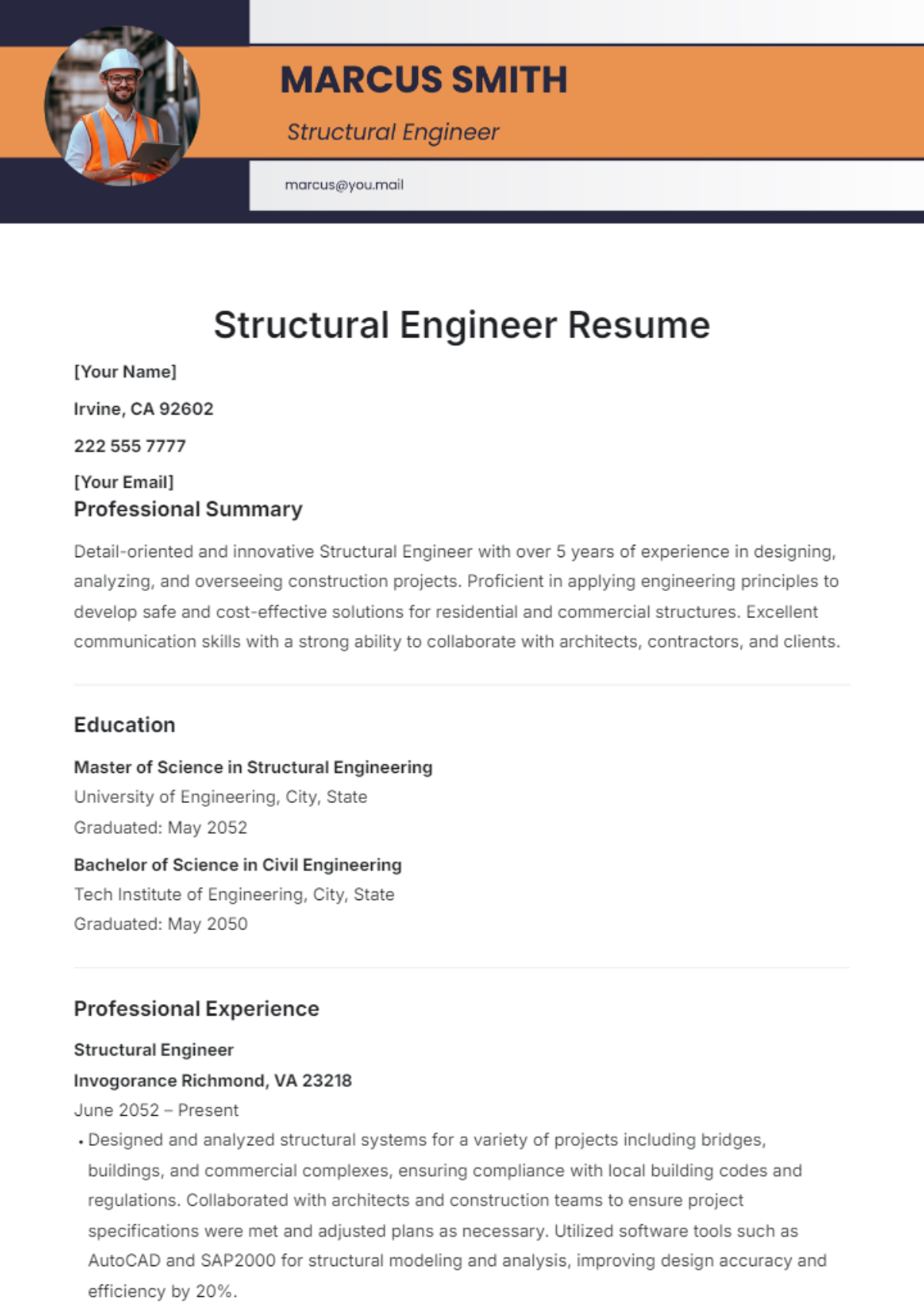 Structural Engineer Resume Template - Edit Online & Download