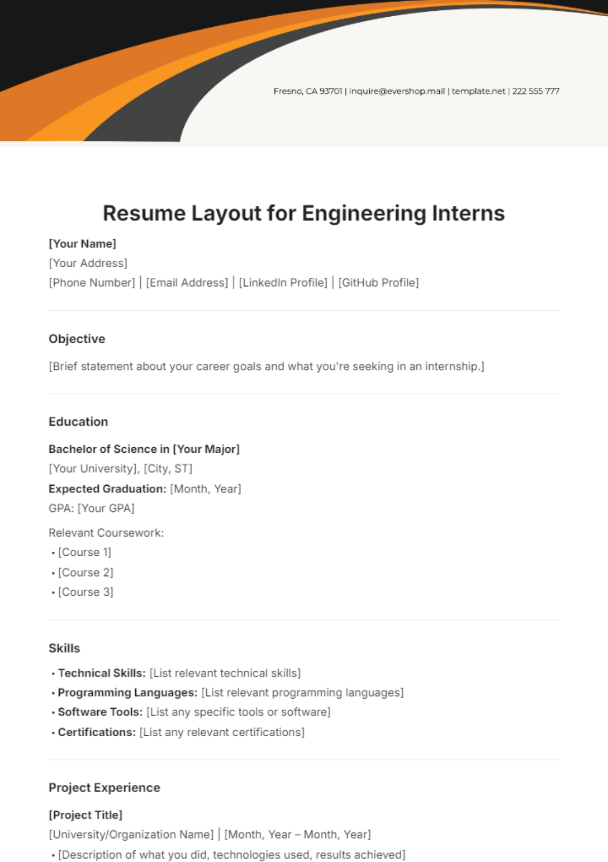 Resume Layout for Engineering Interns Template - Edit Online & Download