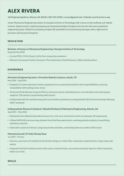 Free Engineering Intern ATS Resume Template, AI Resume Builder