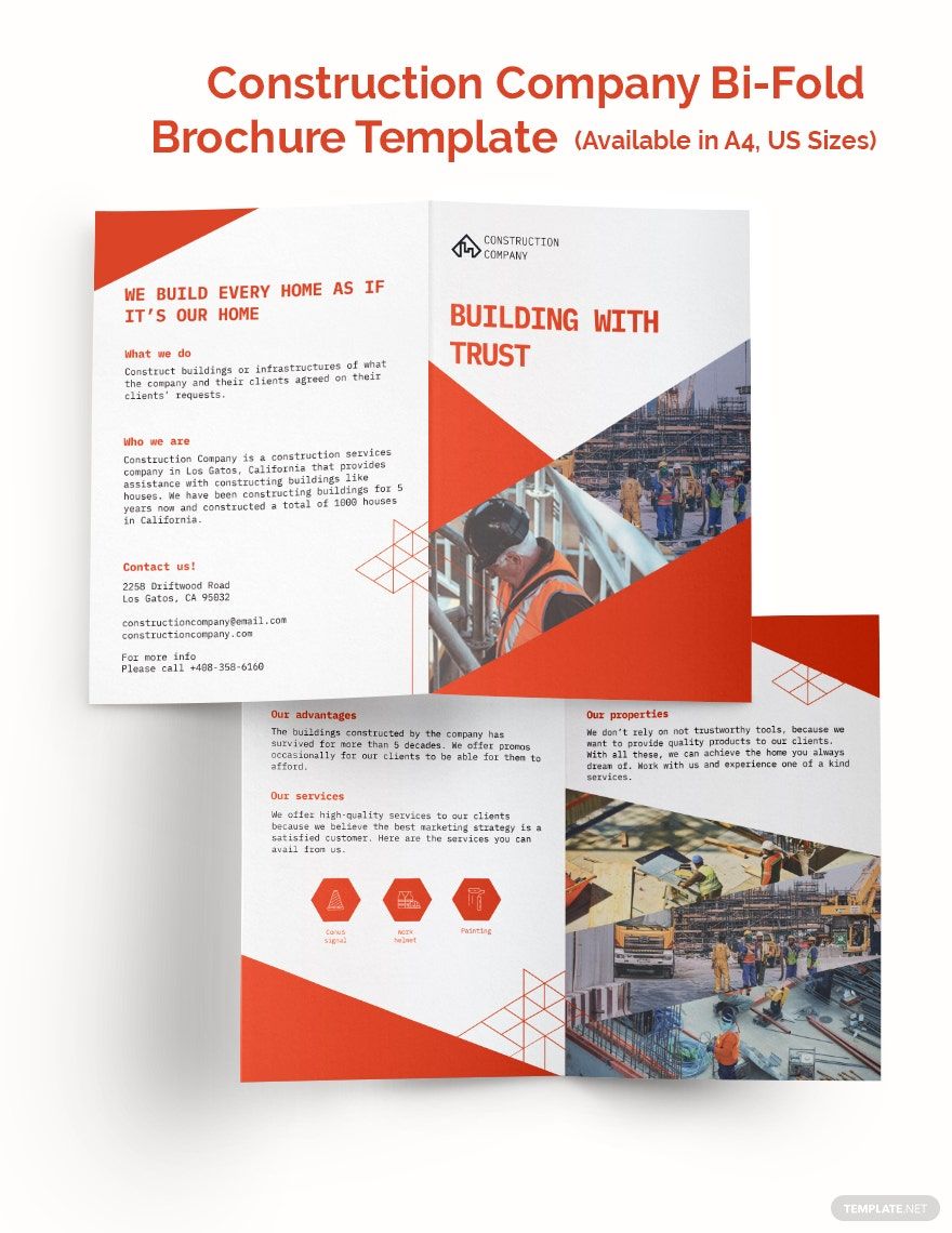 Construction Company Bi-Fold Brochure Template in Word, Google Docs, Illustrator, PSD, Apple Pages, Publisher, InDesign