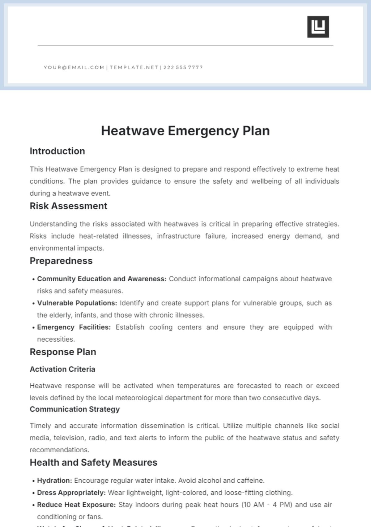 Heatwave Emergency Plan Template - Edit Online & Download