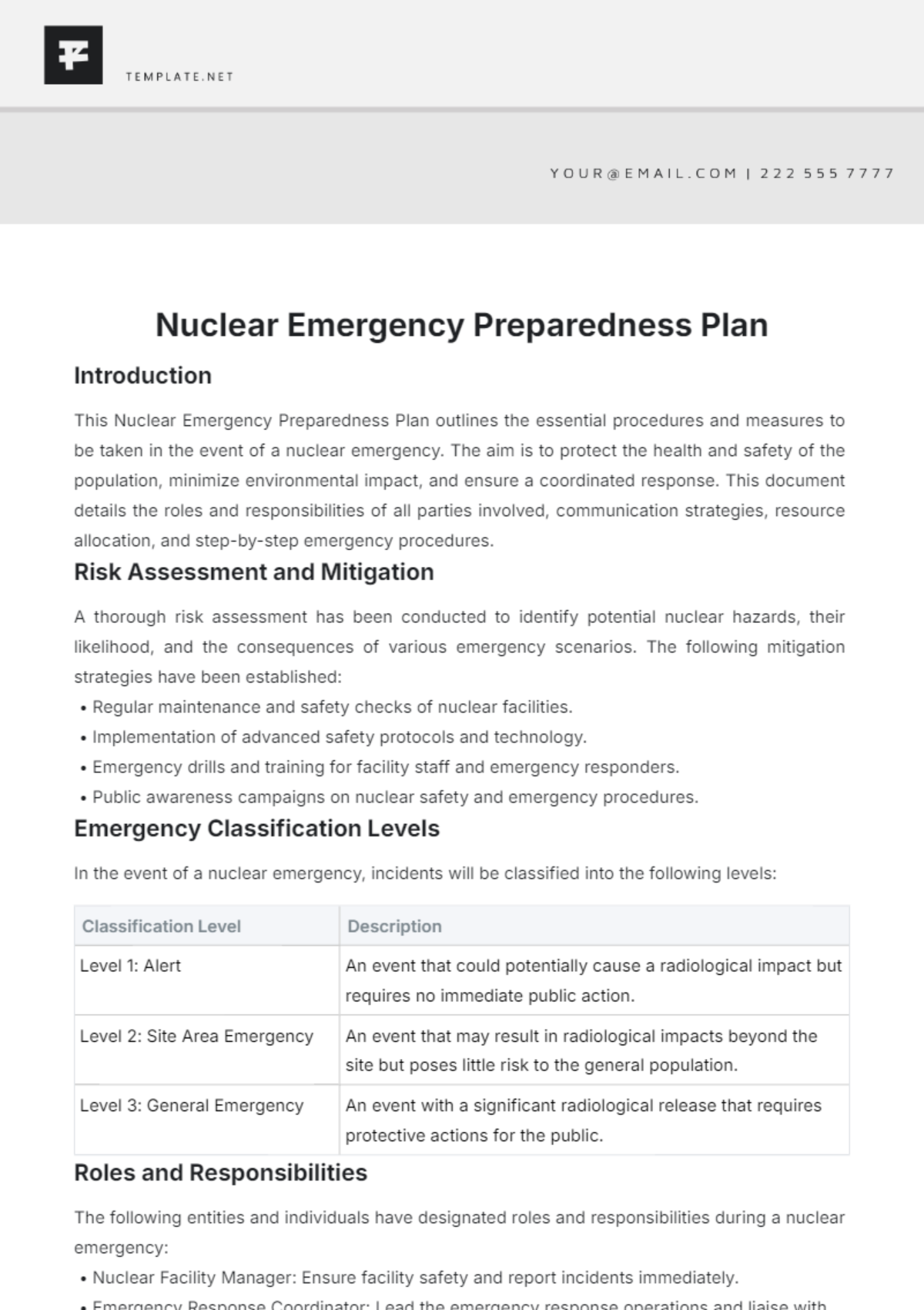 Nuclear Emergency Preparedness Plan Template - Edit Online & Download