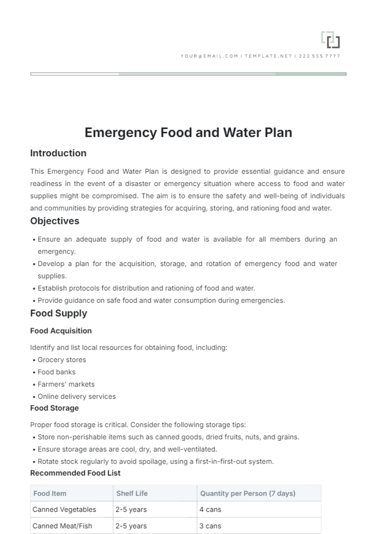 Emergency Food and Water Plan Template - Edit Online & Download