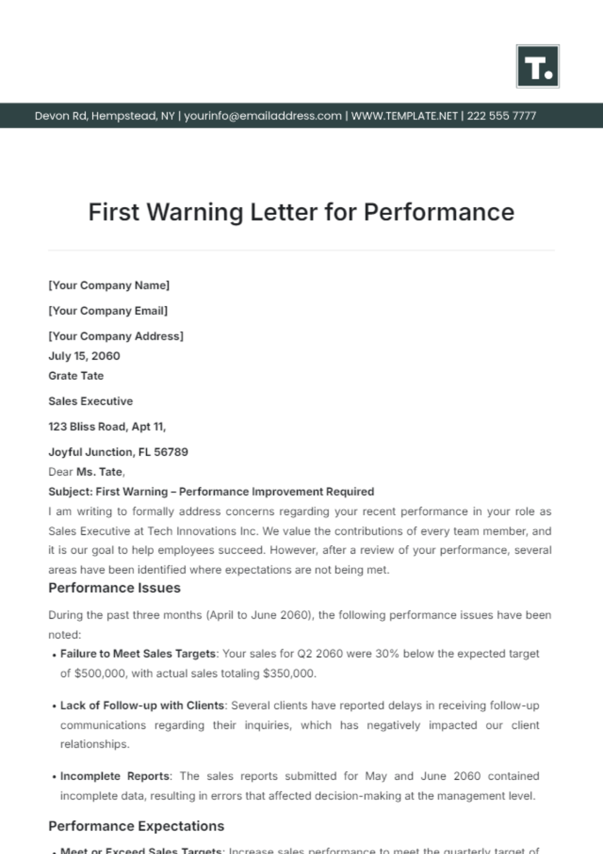 First Warning Letter for Performance Template - Edit Online & Download