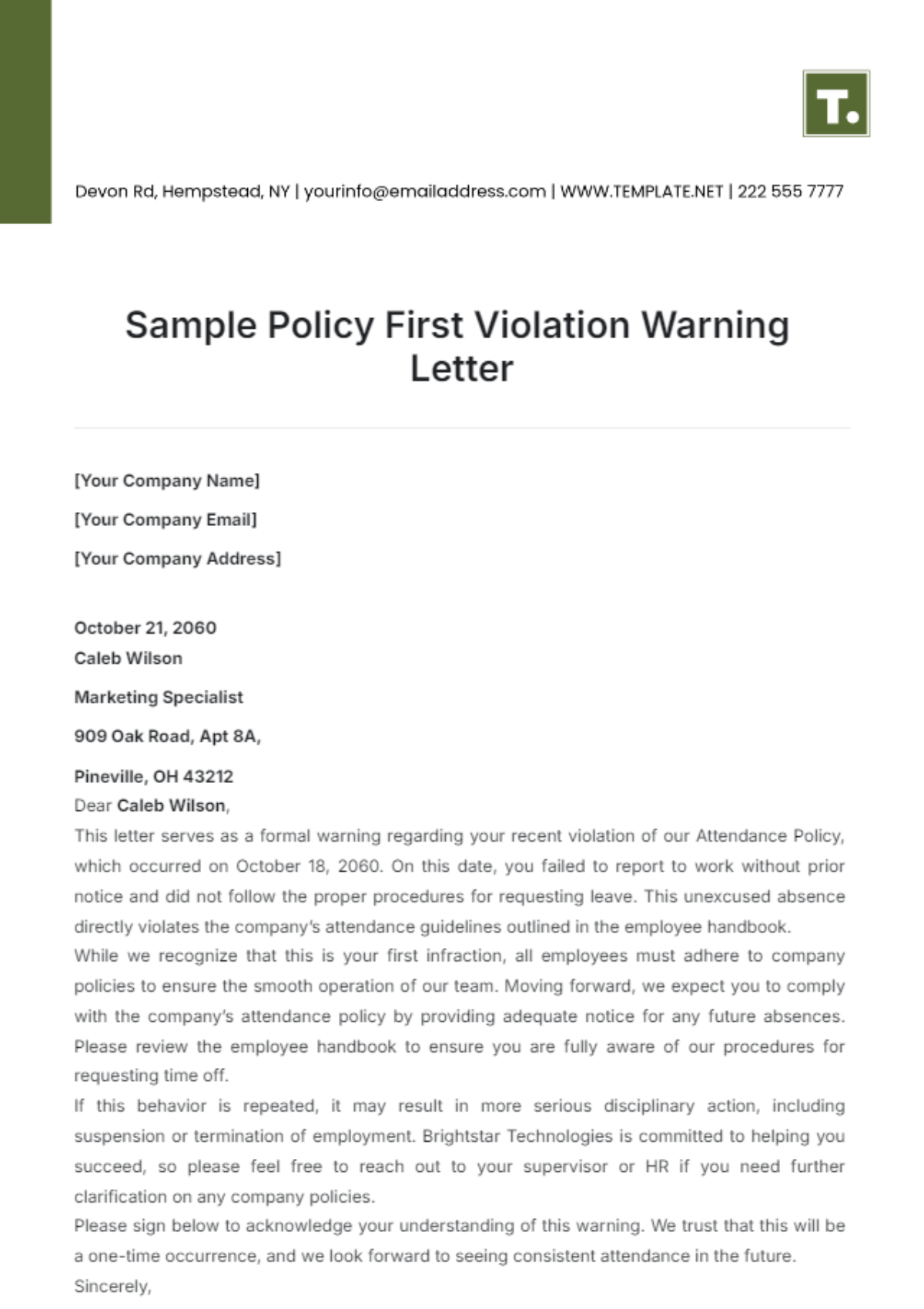 Sample Policy First Violation Warning Letter Template - Edit Online & Download