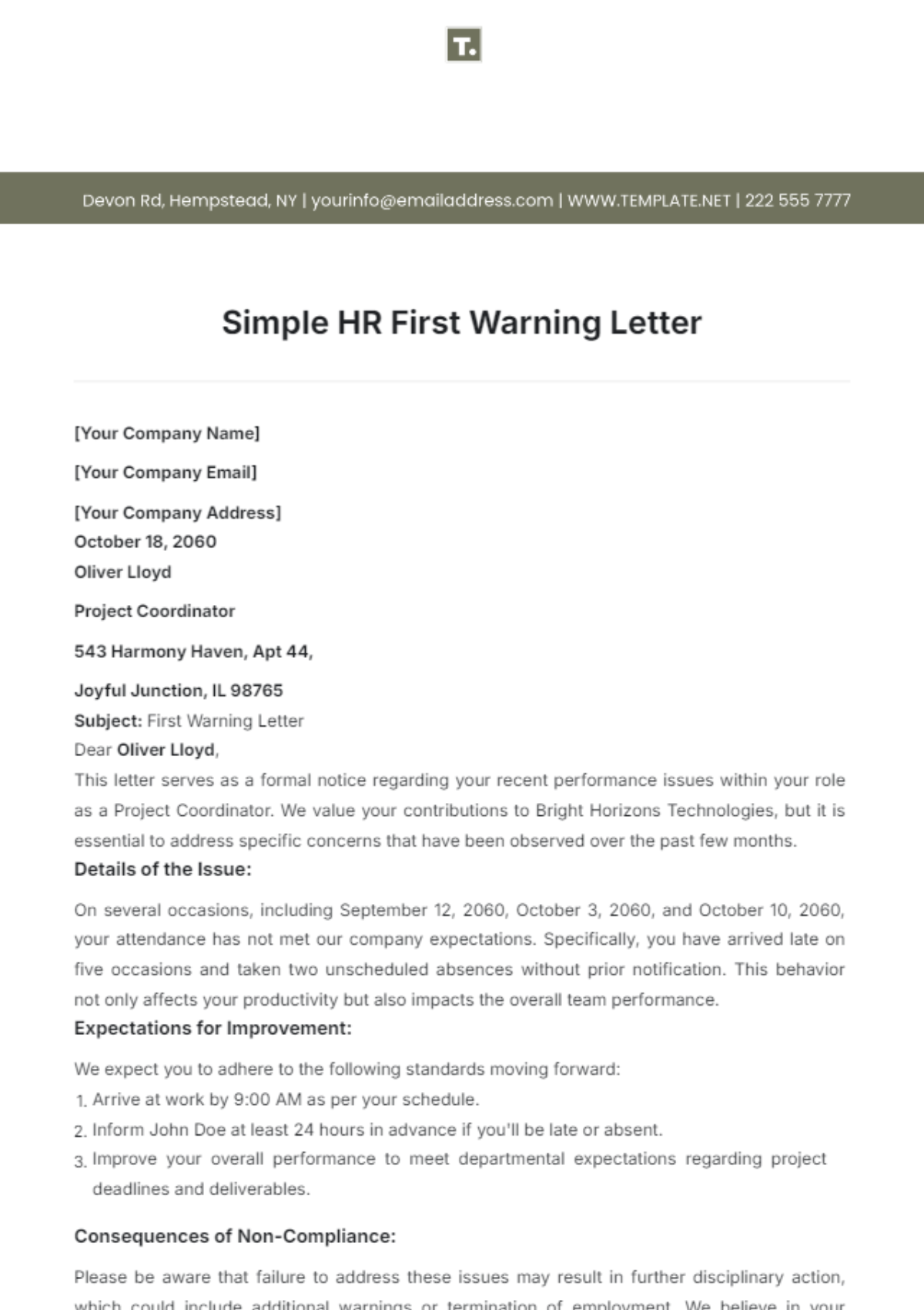 Simple HR First Warning Letter Template - Edit Online & Download