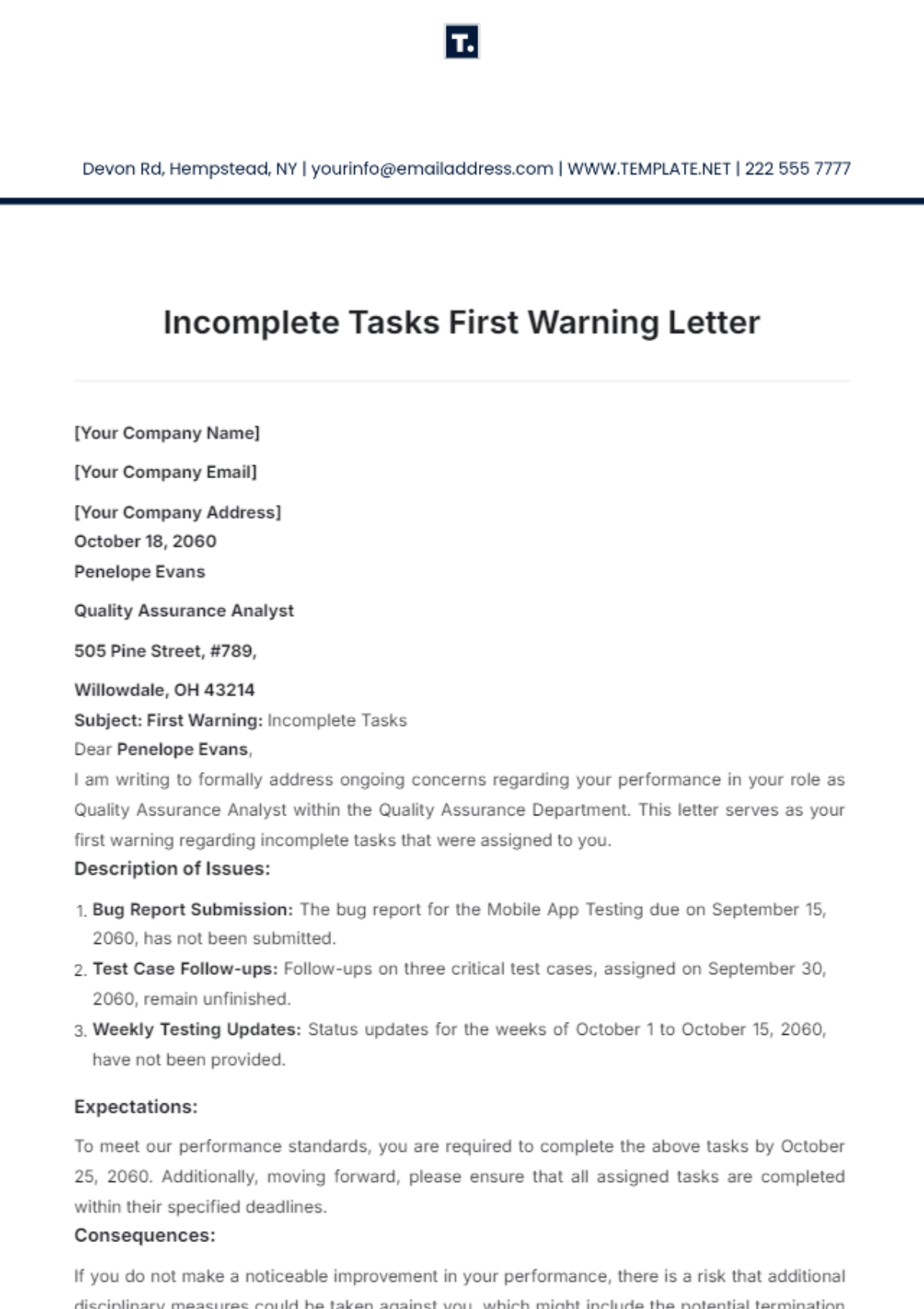 Incomplete Tasks First Warning Letter Template - Edit Online & Download