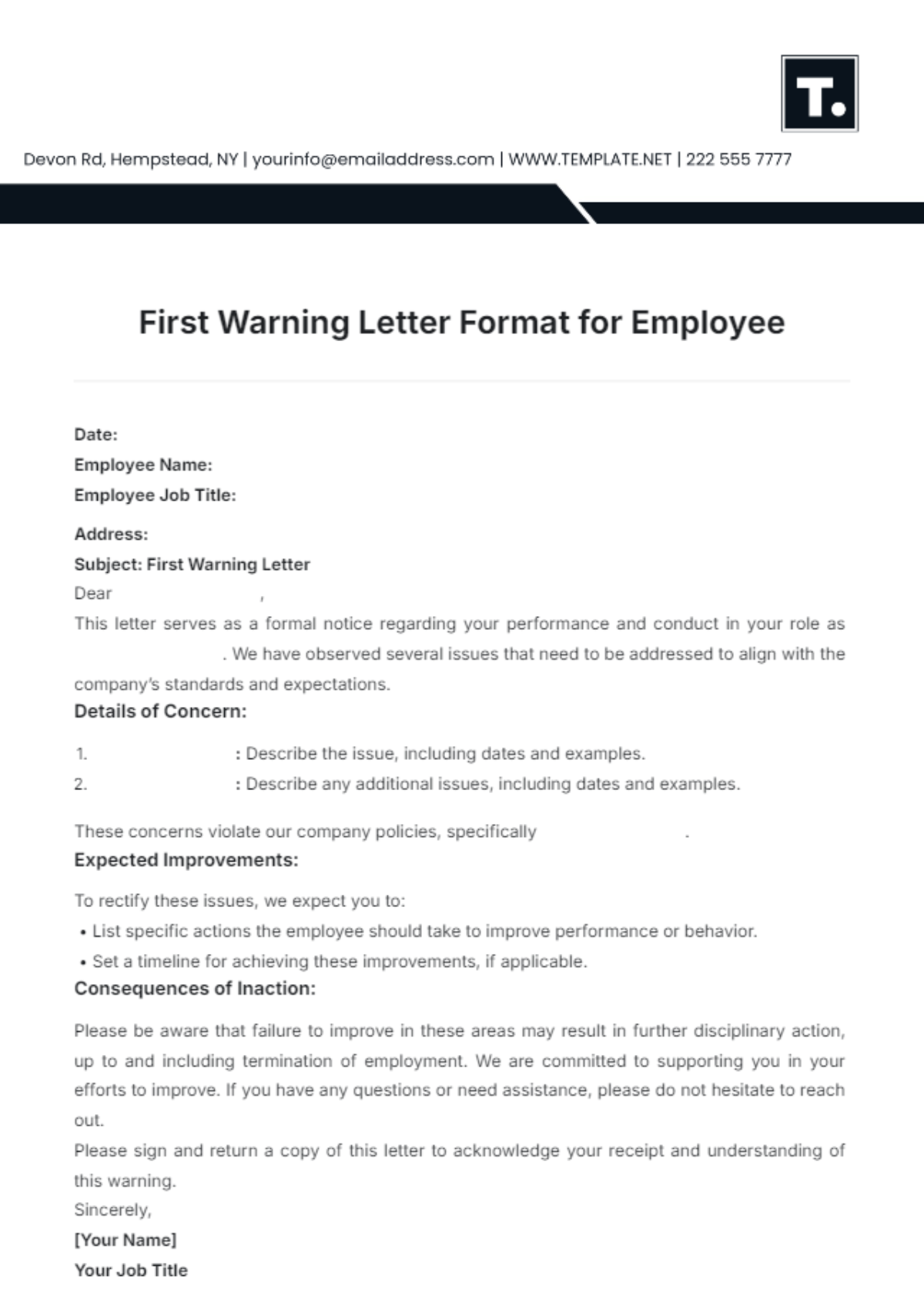 First Warning Letter Format for Employee Template - Edit Online & Download