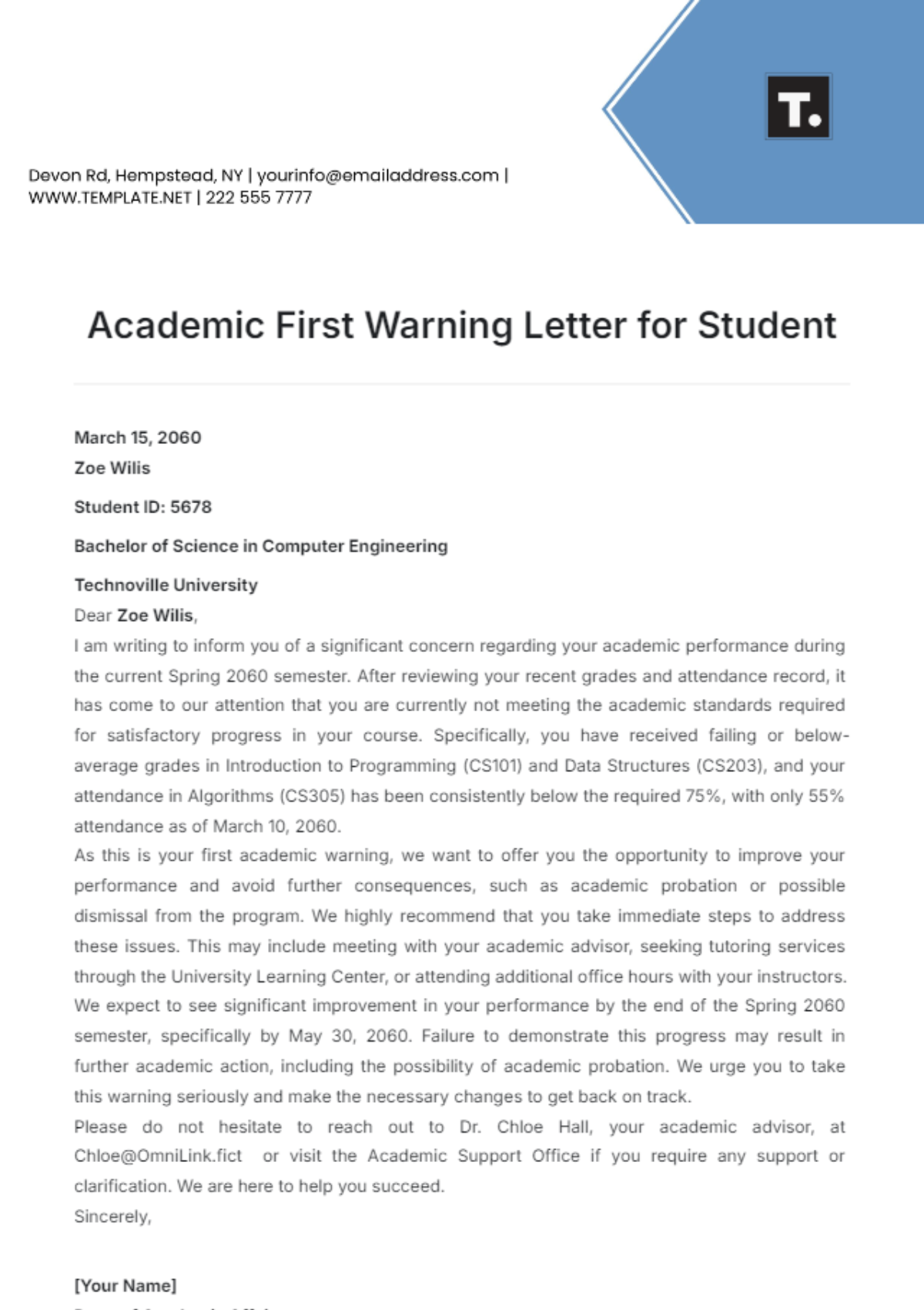 Academic First Warning Letter for Student Template - Edit Online & Download